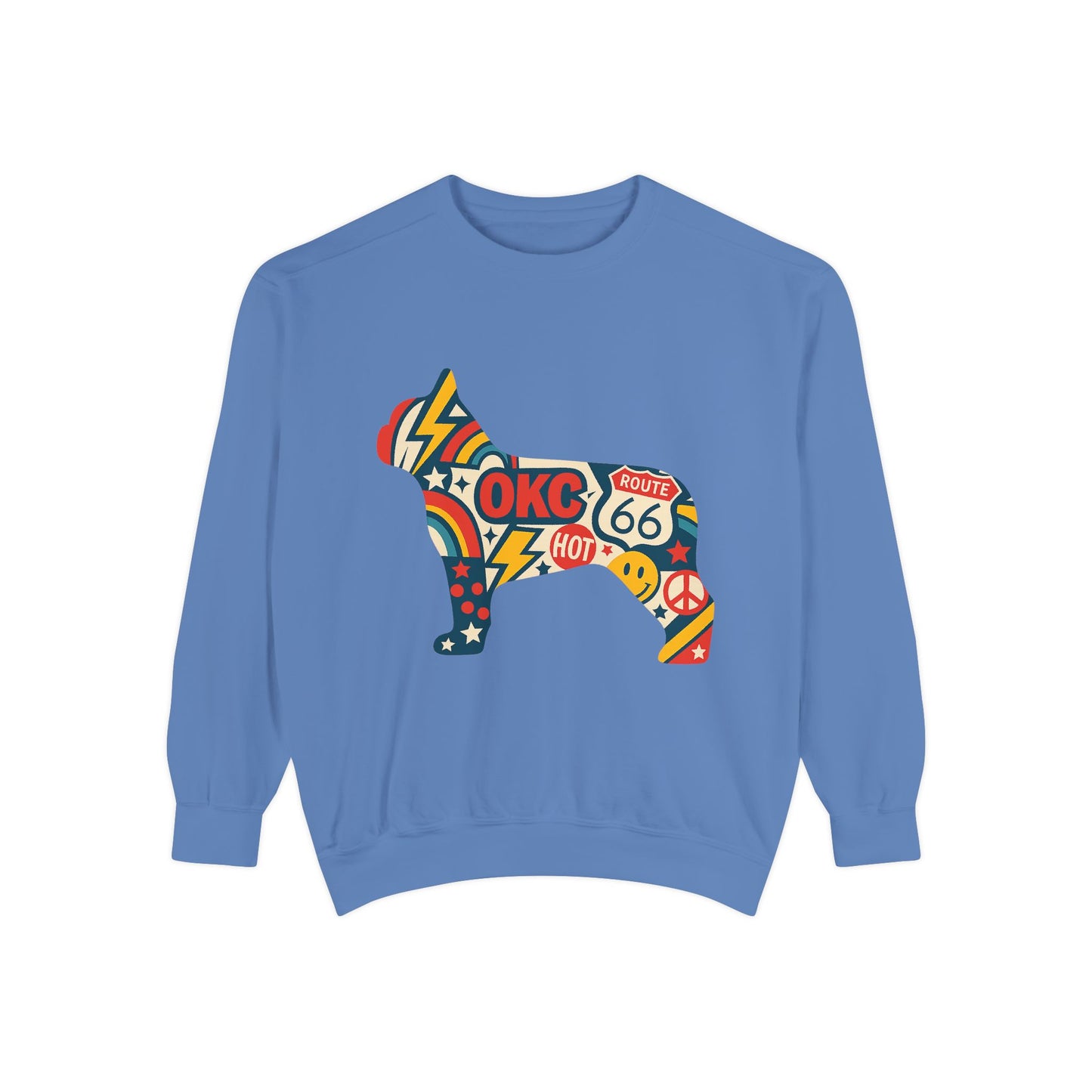 OKC Frenchie Route 66 Sweatshirt | Retro Oklahoma Pullover | Blue Orange Dog Lover Crewneck