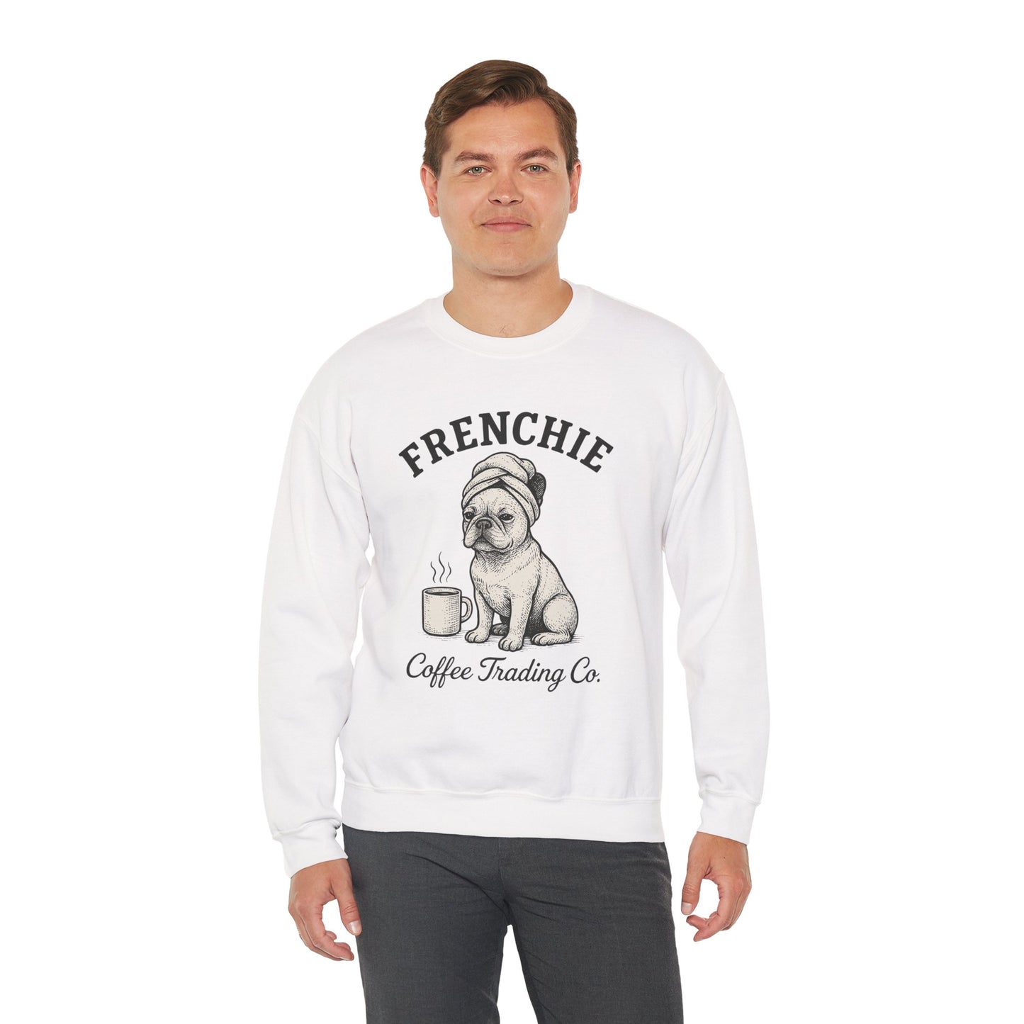 Frenchie Coffee Trading Co. Sweatshirt – Cozy French Bulldog Coffee Lover Crewneck, Vintage Café Dog Sweater, Cute Pet Gift