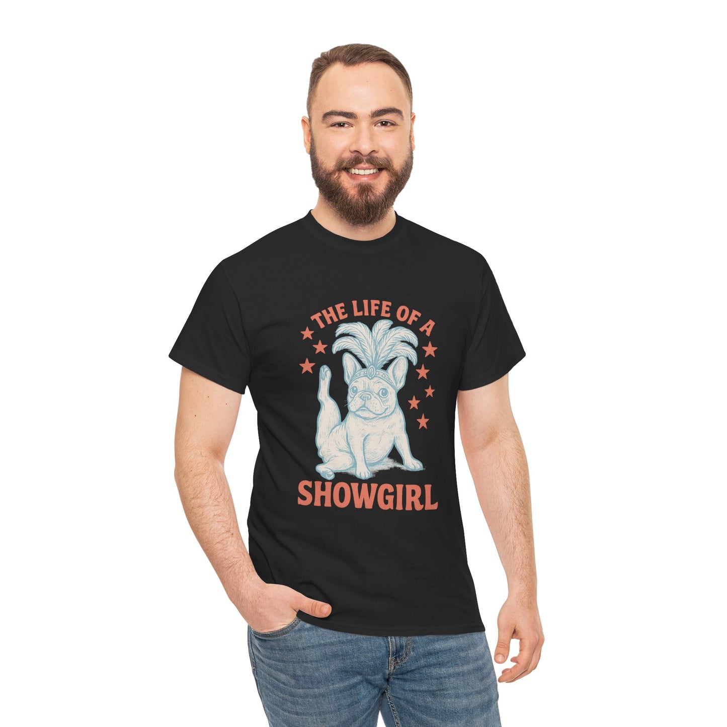 The Life of a Showgirl Frenchie T-Shirt – Retro French Bulldog Tee, Funny Dog Lover Shirt, Vintage Vegas Showgirl Graphic