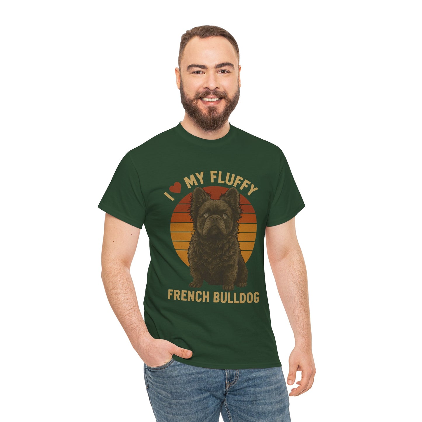 I Love My Fluffy French Bulldog Shirt – Cute Fluffy Frenchie Mom Tee – Retro Sunset Dog Lover Gift – Fluffy Frenchie Owner Present – Pet Parent T-Shirt