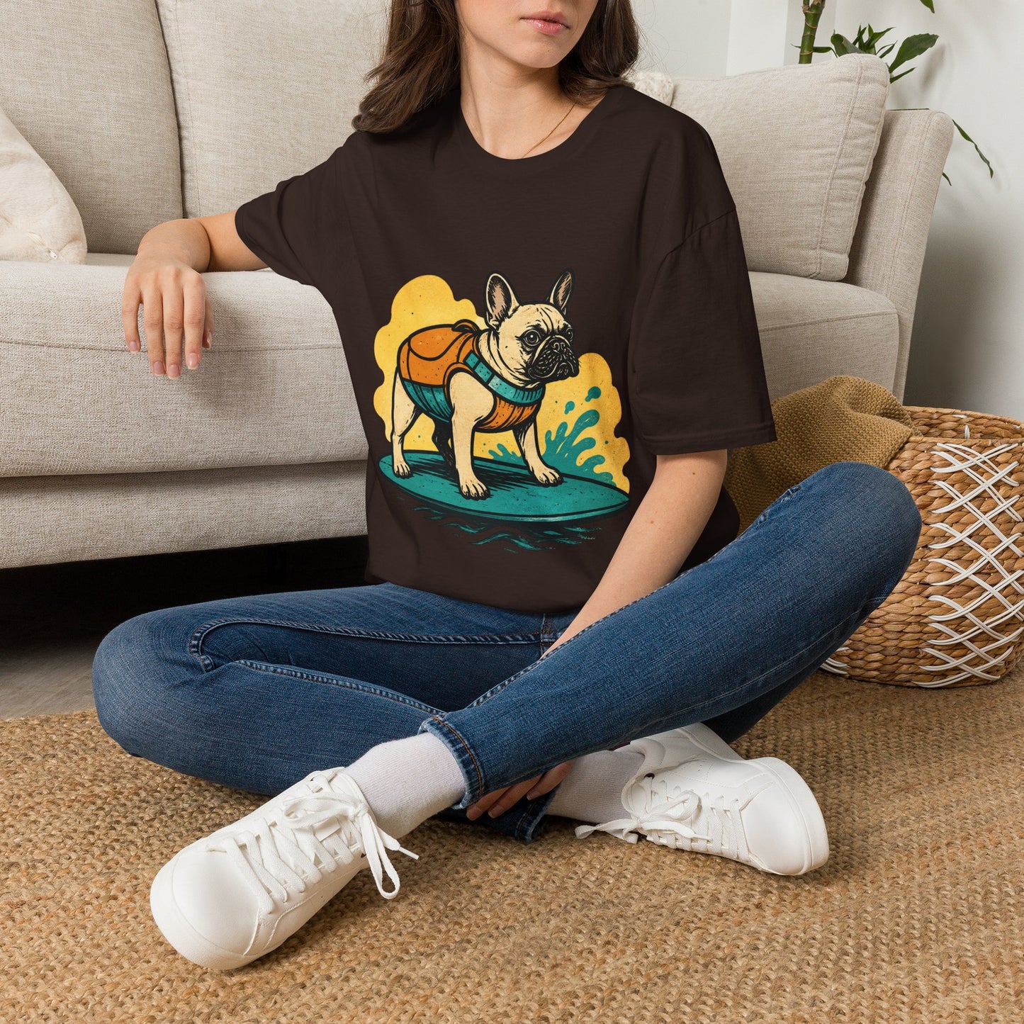 French Bulldog Surf T‑Shirt — Cute Dog with Backpack Beach Tee
