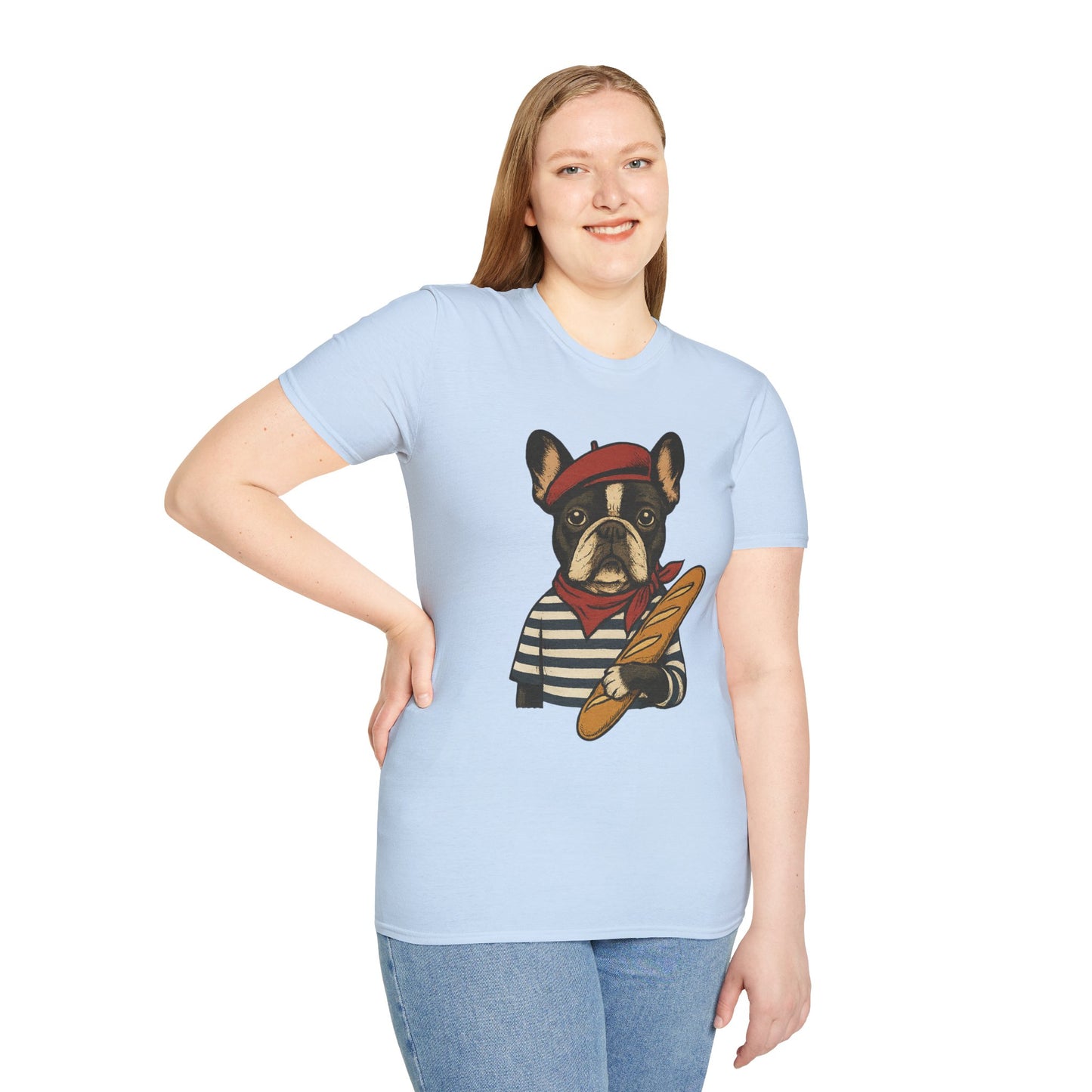 French Bulldog Parisian T-Shirt – Cute Frenchie in Beret & Stripes with Baguette – Funny Dog Lover Tee, French Style Dog Shirt, Gift for Frenchie Moms