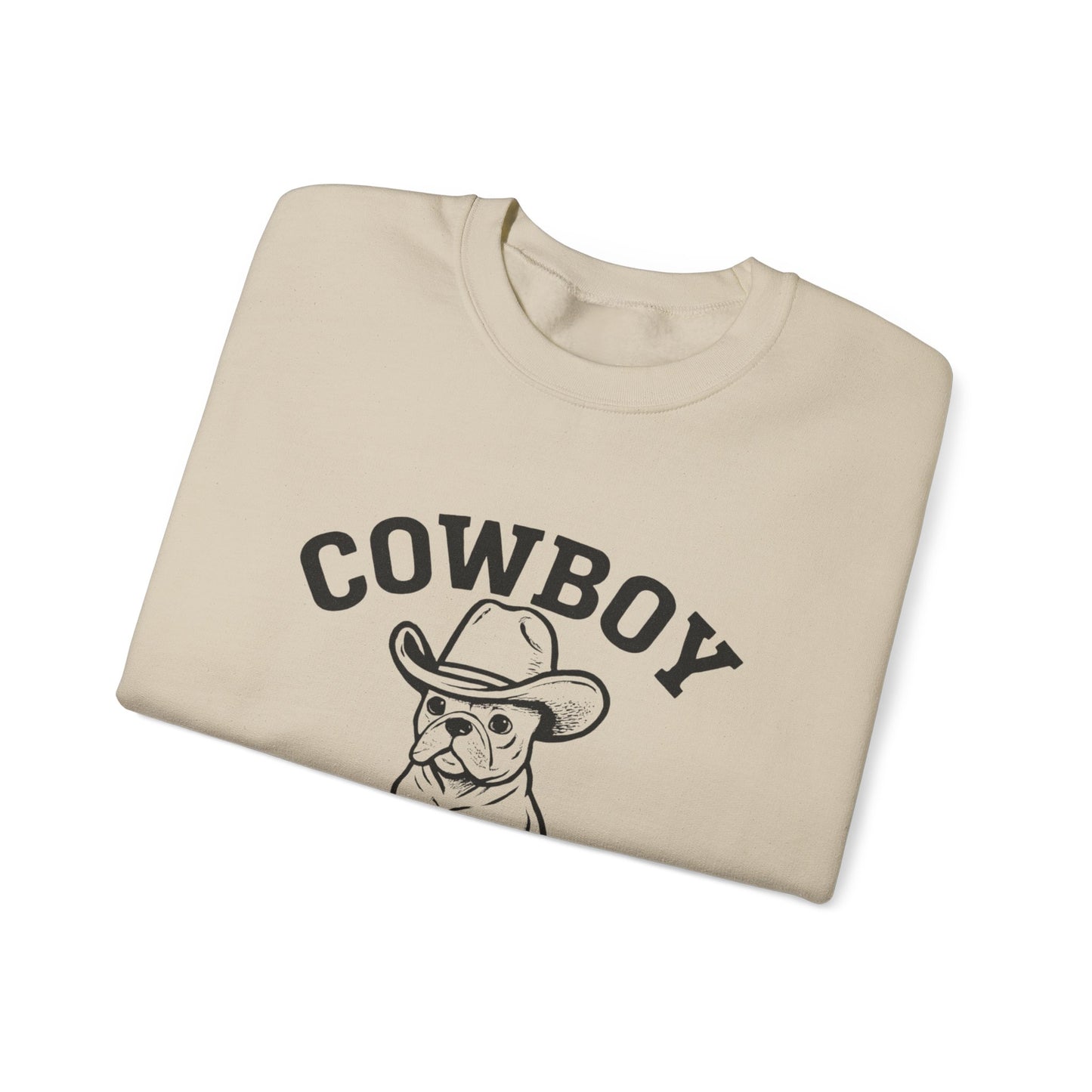 Cowboy Frenchie Sweatshirt – Western French Bulldog Crewneck, Cowboy Dog Sweater, Cute Frenchie Mom Gift, Country Western Dog Lover Shirt, Rustic Cowboy Pet Apparel