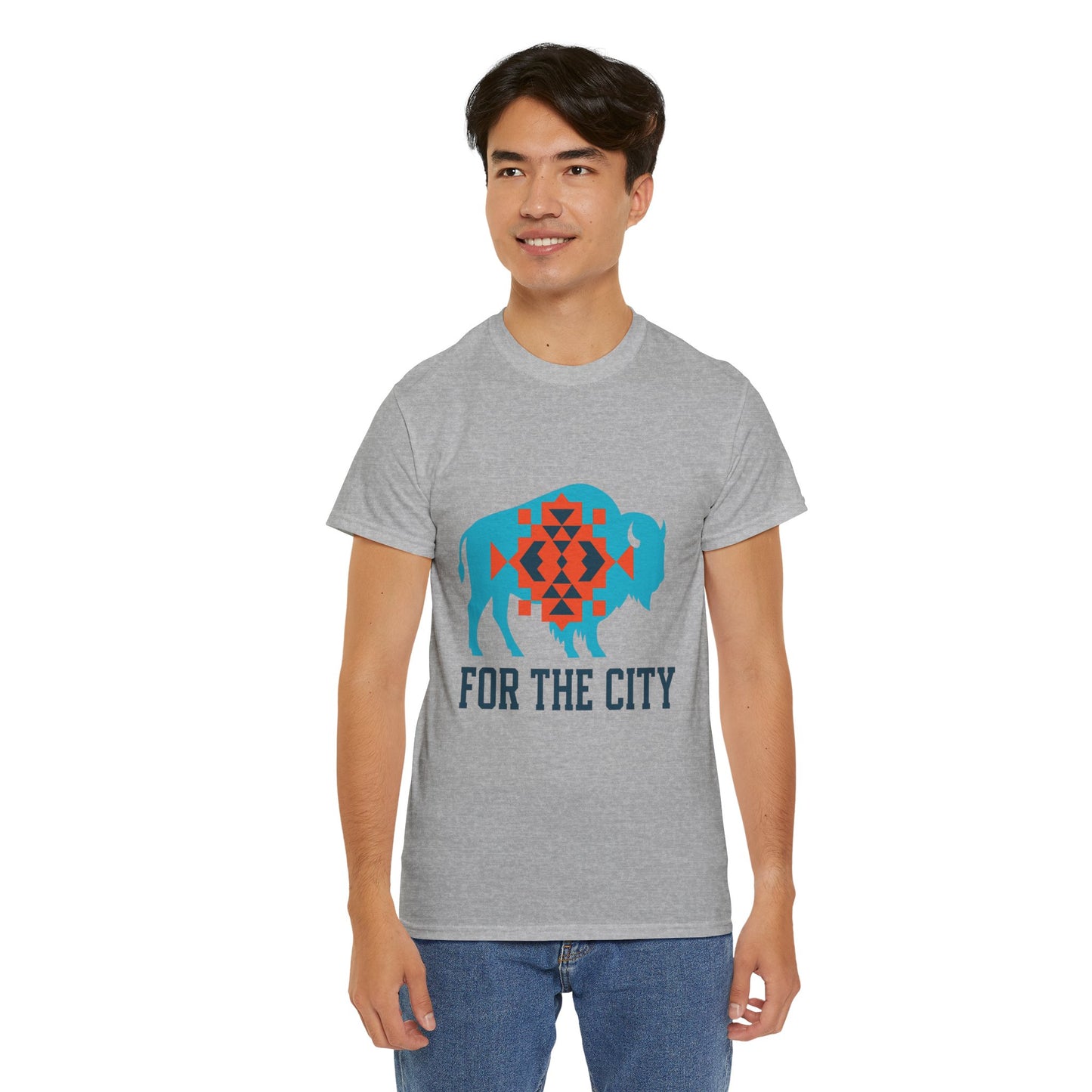 For The City Tribal Bison T-Shirt | Oklahoma Pride Tee | Blue & Orange Southwestern Bison Graphic | OKC Fan Inspired Shirt | Local Oklahoma Gift