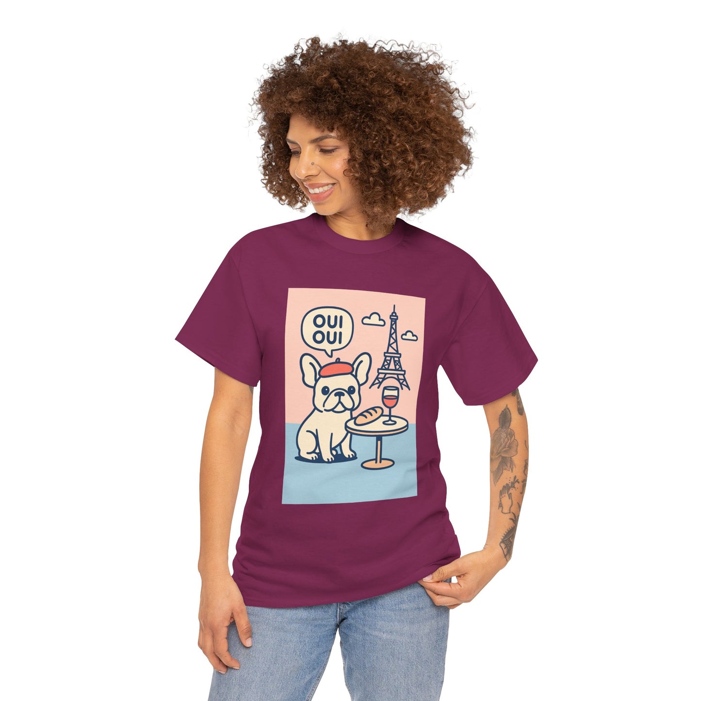 Oui Oui Frenchie Paris T-Shirt – Cute French Bulldog Café Tee, Paris Dog Lover Shirt, Beret & Baguette Graphic, French Bulldog Gift for Women & Men