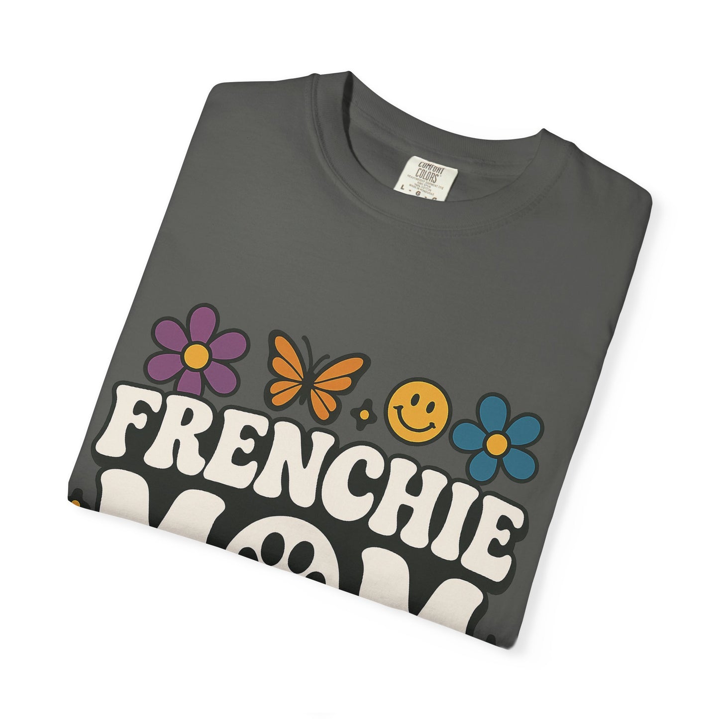 Frenchie Mom T-Shirt | Retro Groovy Dog Lover Tee | Smiley Flower French Bulldog Shirt | Cute Colorful Frenchie Gift for Her