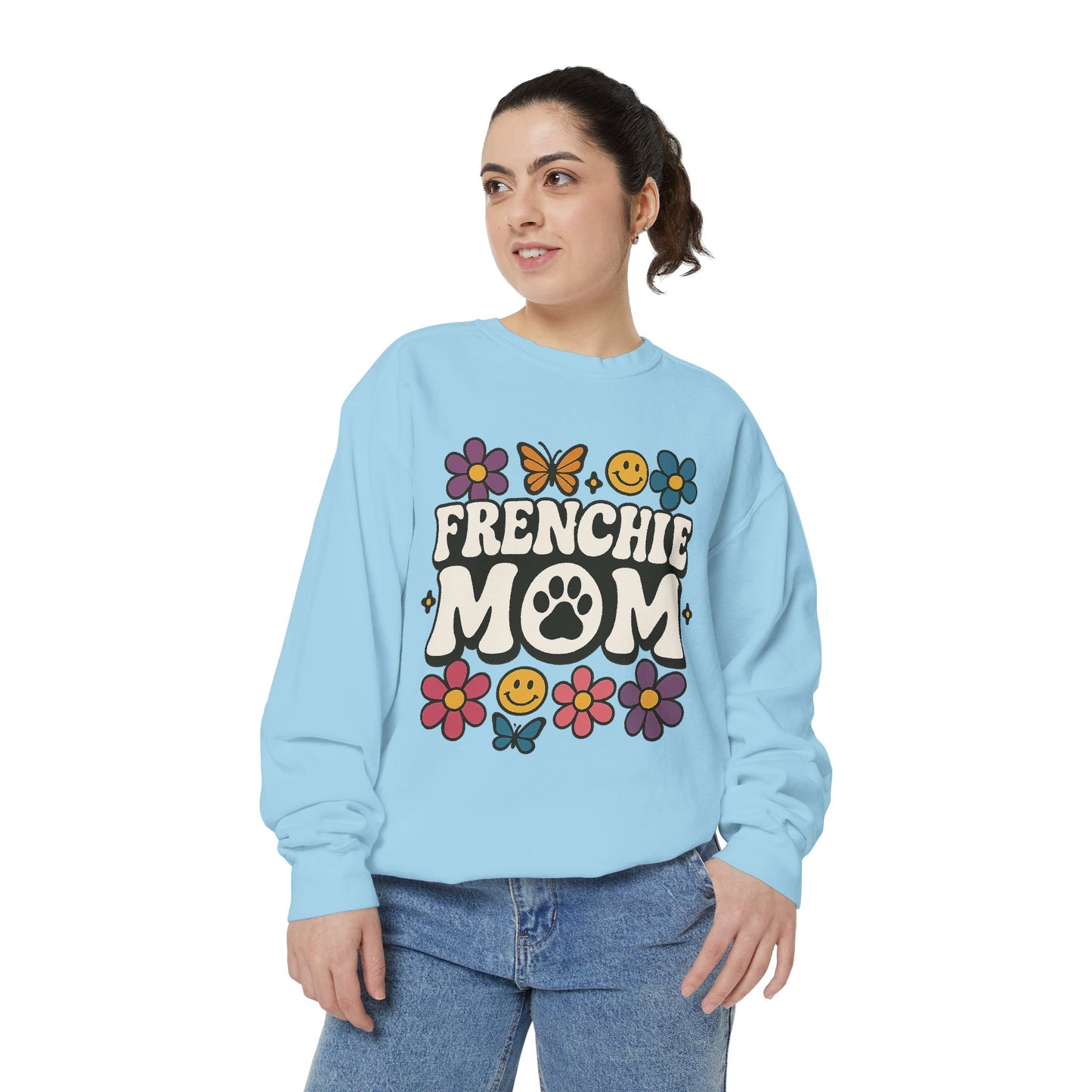 Frenchie Mom Sweatshirt | Retro Groovy Dog Lover Pullover | Smiley Flower French Bulldog Crewneck | Cute Colorful Dog Mom Sweater
