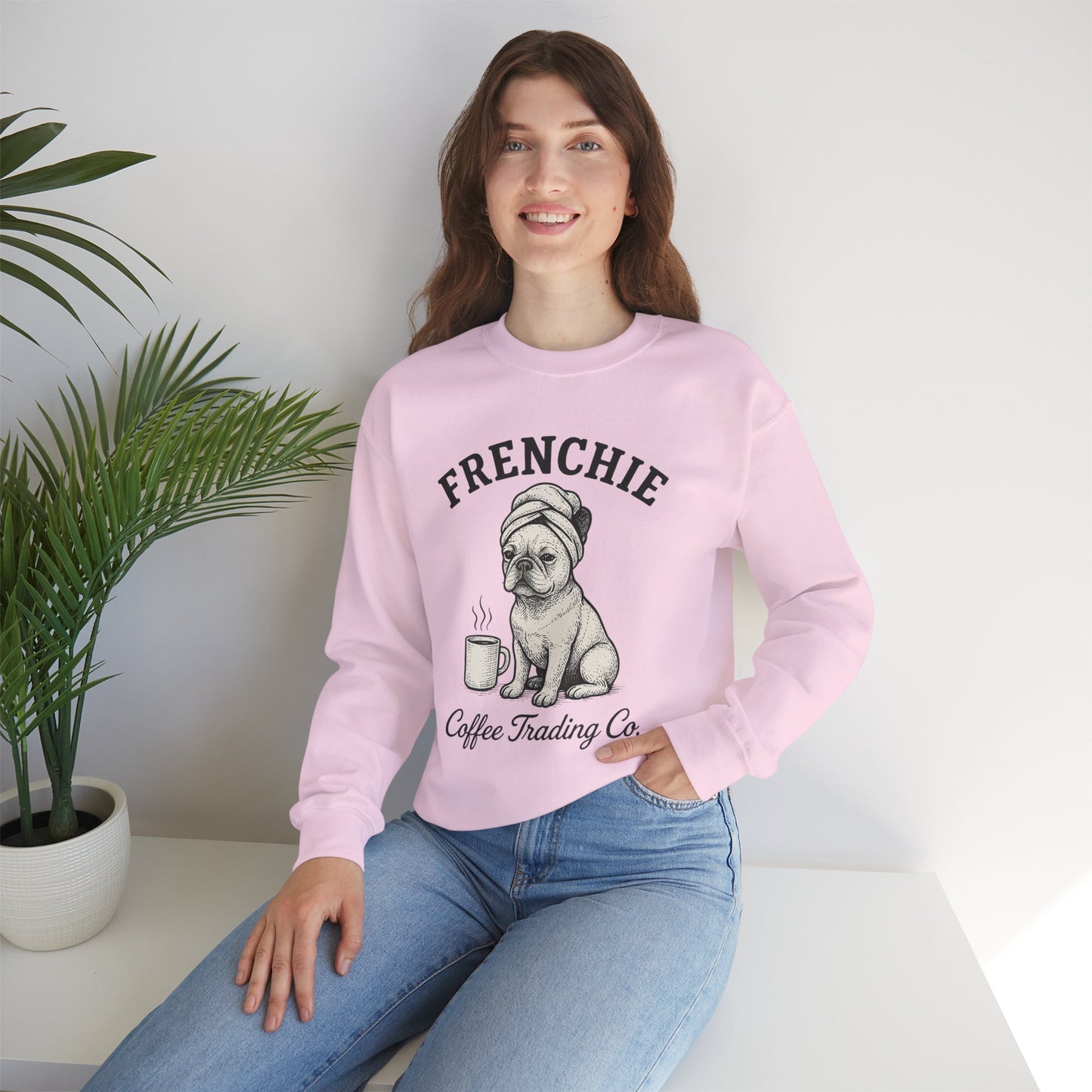 Frenchie Coffee Trading Co. Sweatshirt – Cozy French Bulldog Coffee Lover Crewneck, Vintage Café Dog Sweater, Cute Pet Gift