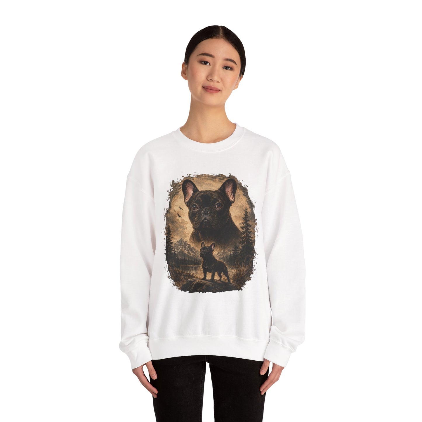 Black French Bulldog Sweatshirt, Rustic Frenchie Crewneck, Vintage Nature French Bulldog Sweatshirt, Dog Lover Gift, Black Frenchie Pullover, Camping Sweatshirt, Cozy Dog Apparel