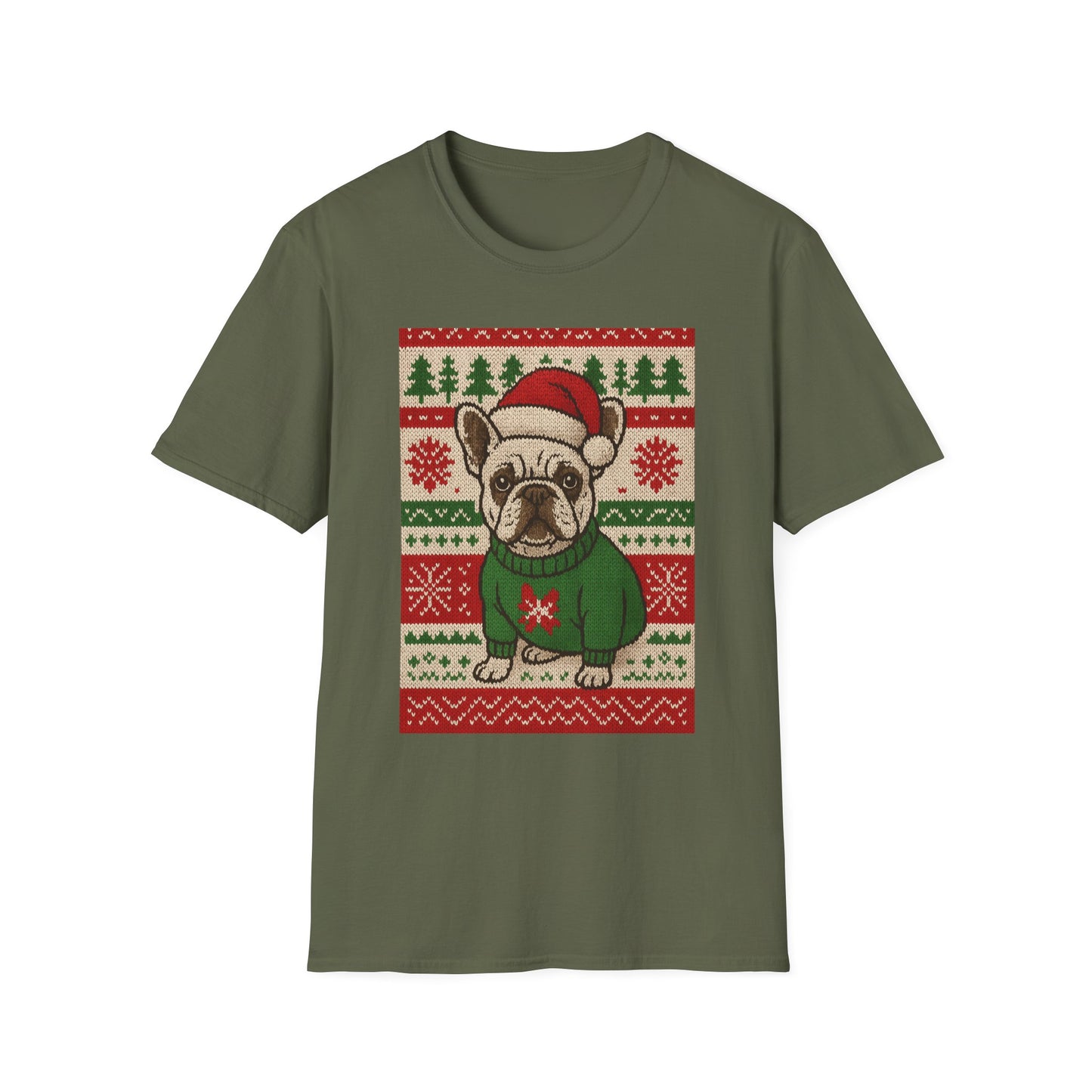 Frenchie Christmas T-Shirt – Cute French Bulldog Ugly Sweater Style Tee, Holiday Dog Lover Shirt, Funny Christmas Frenchie Gift