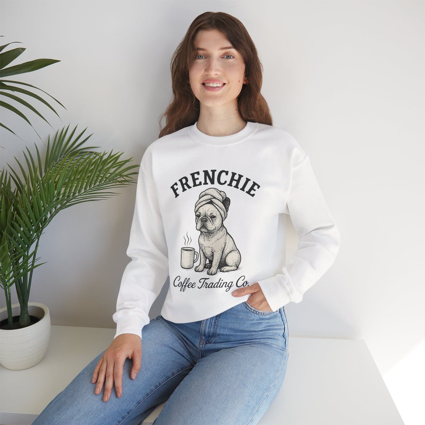 Frenchie Coffee Trading Co. Sweatshirt – Cozy French Bulldog Coffee Lover Crewneck, Vintage Café Dog Sweater, Cute Pet Gift