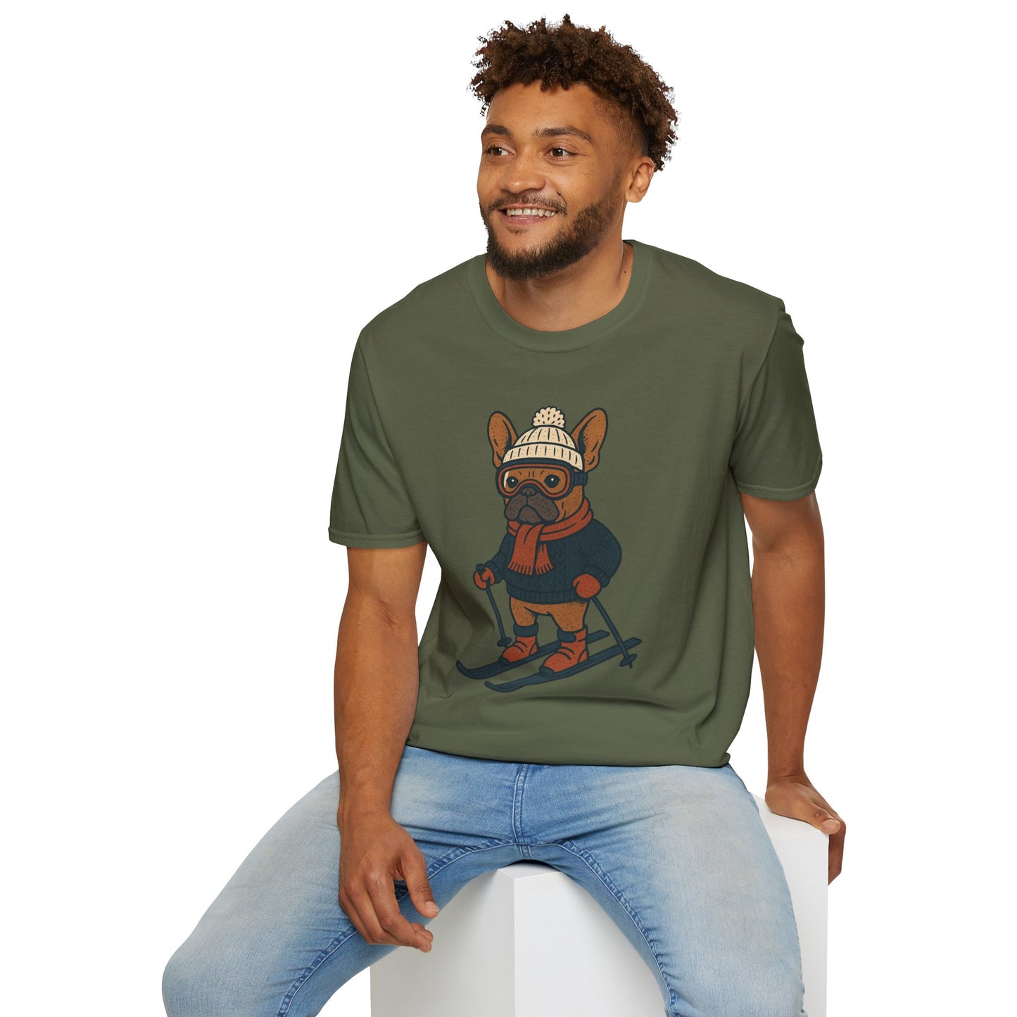 French Bulldog Skiing T-Shirt, Winter Frenchie Shirt, Ski Dog Graphic Tee, Cute Snow Dog Gift, Funny Frenchie Lover Shirt, Skiing Pup Tee