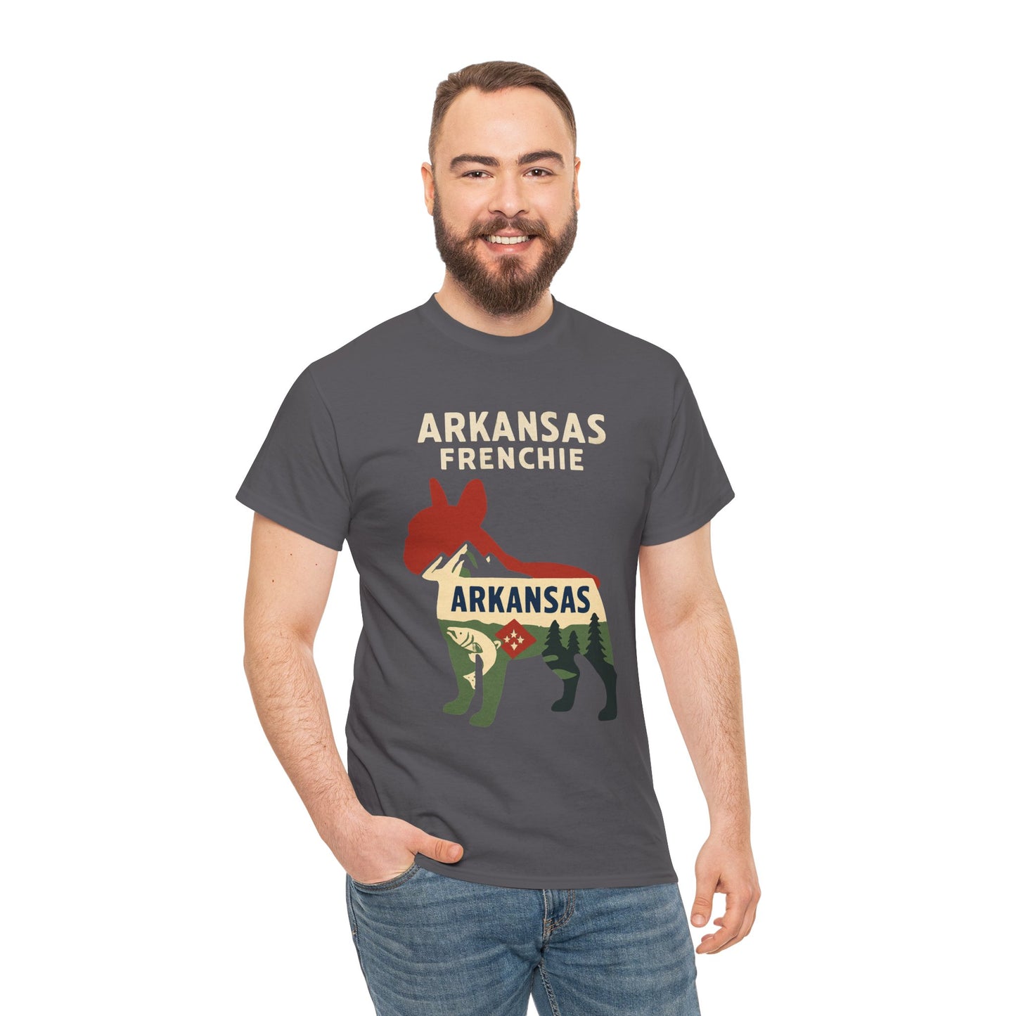 Arkansas Frenchie T-Shirt – French Bulldog State Pride Tee, Retro Arkansas Dog Lover Shirt, Nature Hiking Frenchie Gift