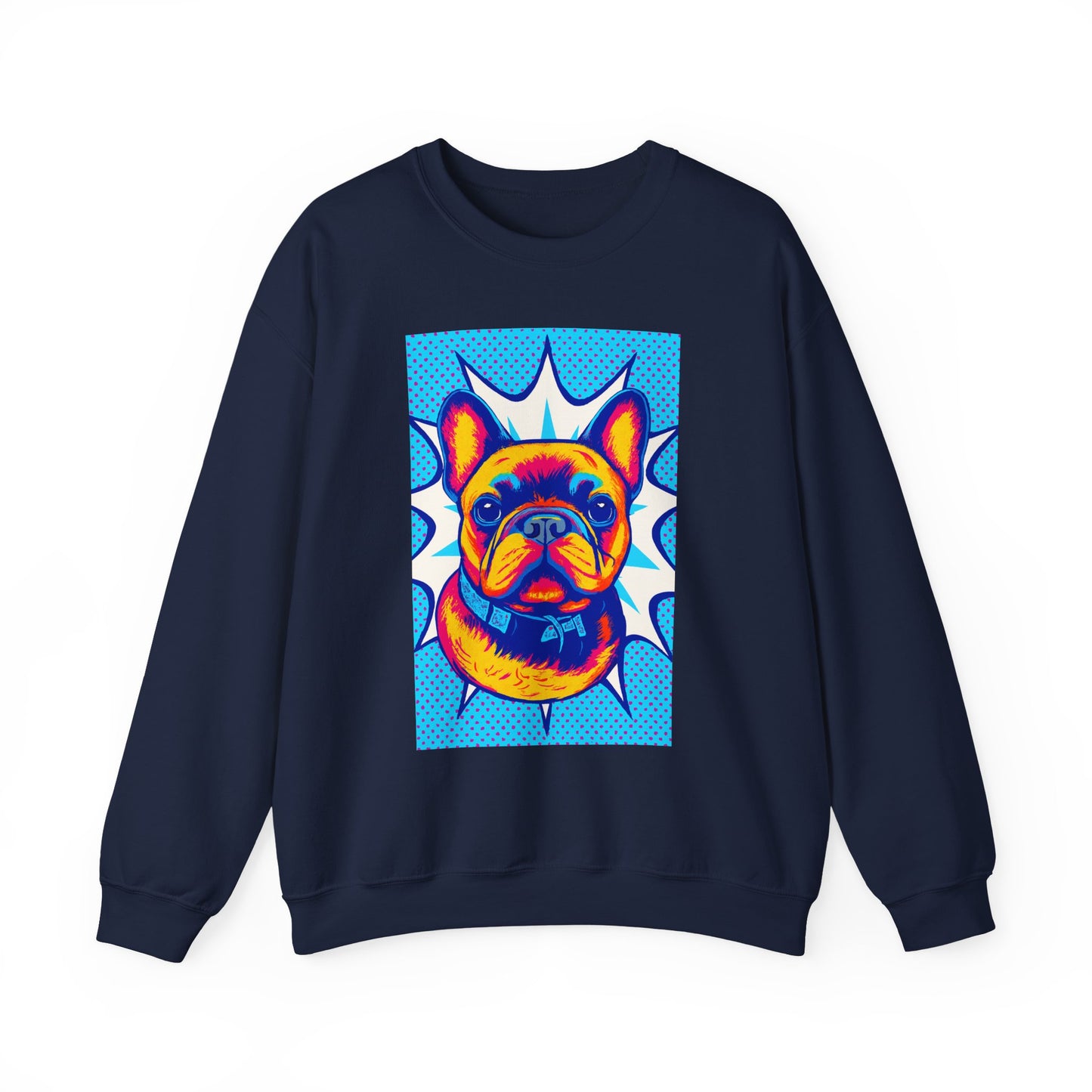 Pop Art French Bulldog Pullover | Colorful Retro Frenchie Sweatshirt | Funky Dog Lover Gift | Unisex Bold Frenchie Graphic Sweater
