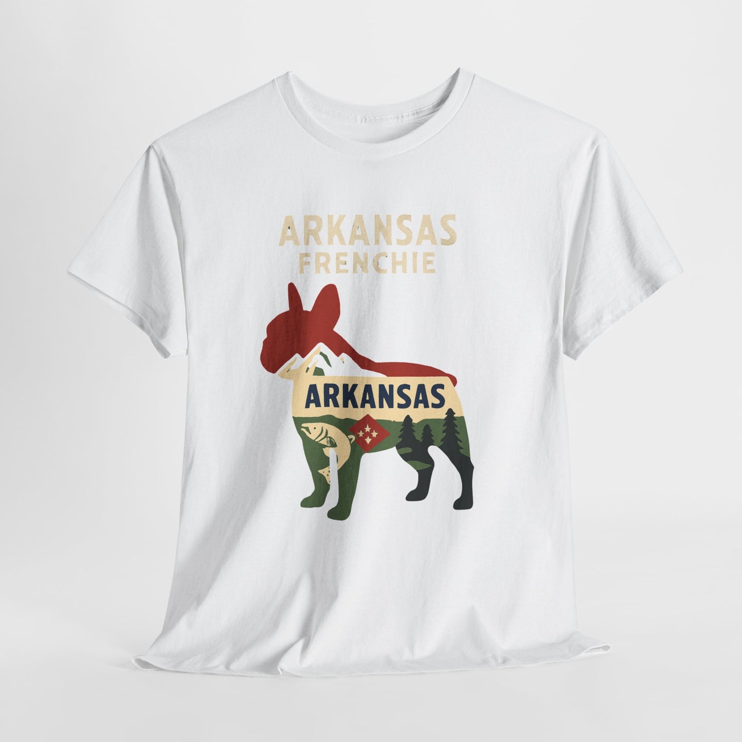 Arkansas Frenchie T-Shirt – French Bulldog State Pride Tee, Retro Arkansas Dog Lover Shirt, Nature Hiking Frenchie Gift