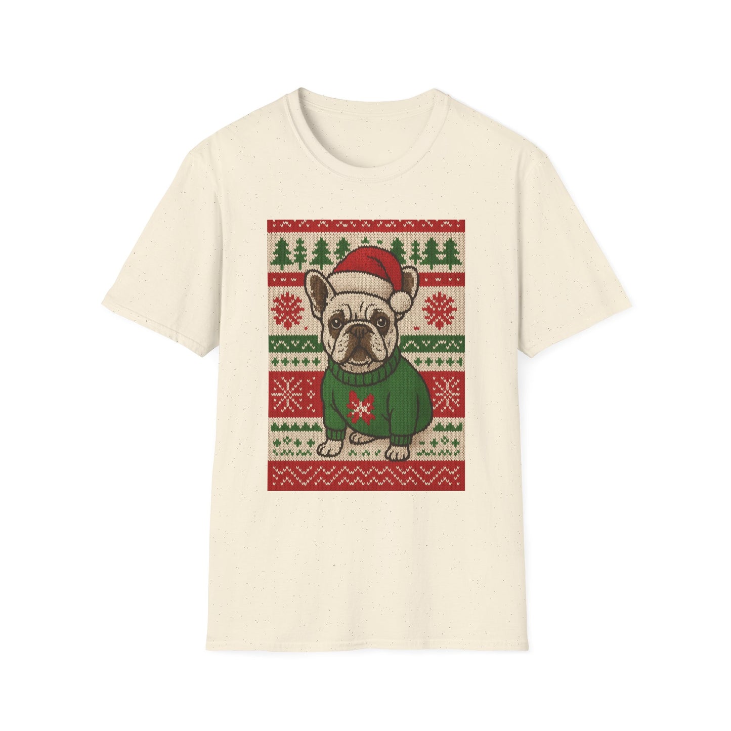 Frenchie Christmas T-Shirt – Cute French Bulldog Ugly Sweater Style Tee, Holiday Dog Lover Shirt, Funny Christmas Frenchie Gift