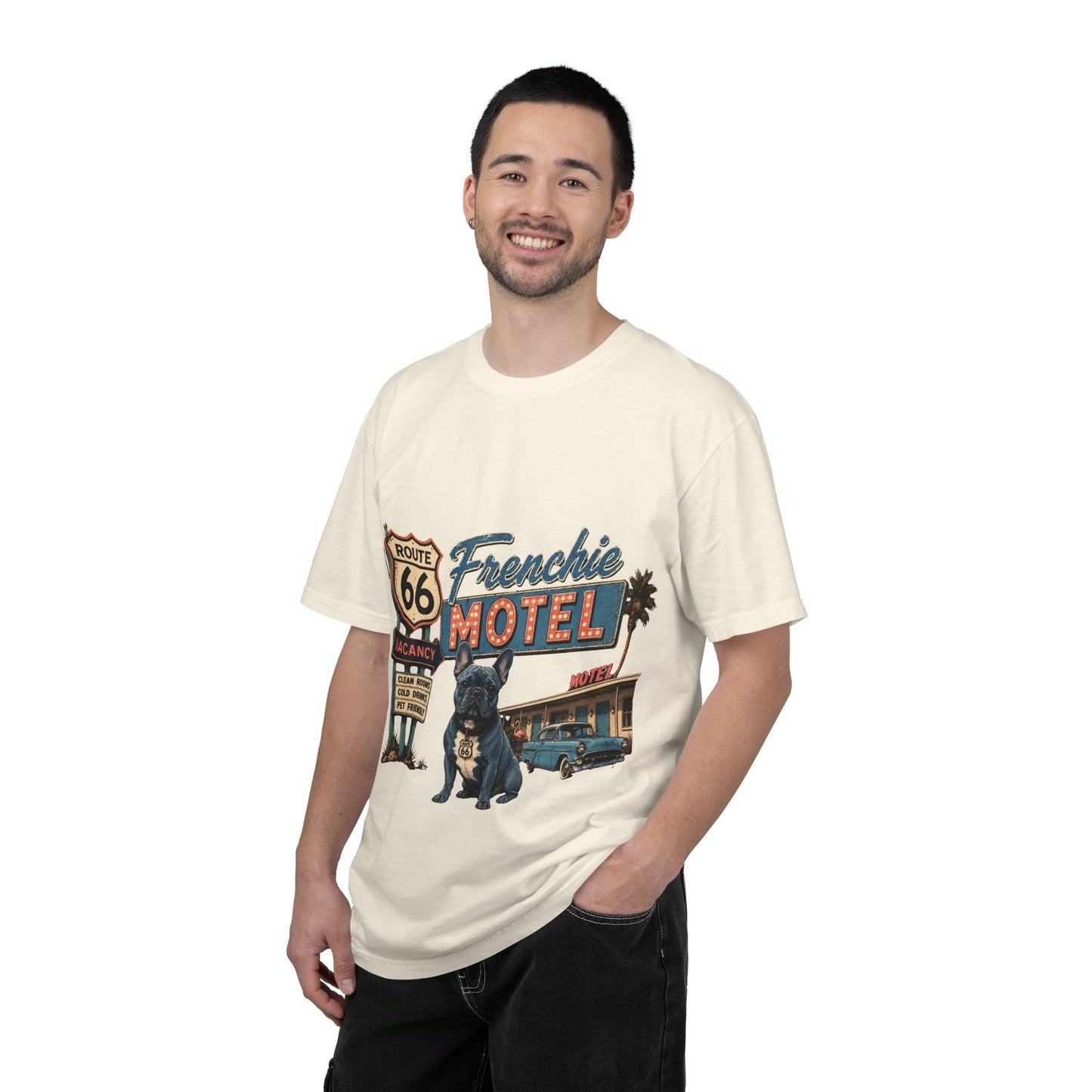 Route 66 Frenchie Motel Shirt, French Bulldog Retro Travel Tee, Vintage Road Trip Shirt, Dog Lover Graphic Tee, Route 66 Dog Shirt, Frenchie Motel T-Shirt, Retro Americana Gift
