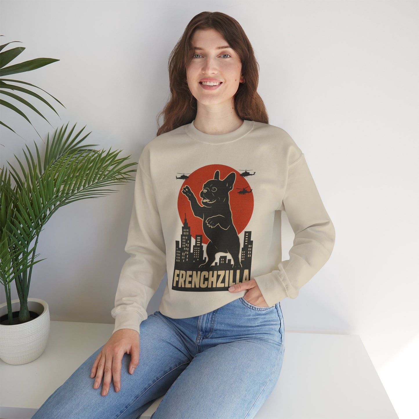 French Bulldogzilla Sweatshirt | Godzilla Inspired French Bulldog Graphic Tee | Retro Japanese Movie Style Dog Lover Shirt | Funny Frenchie Gift