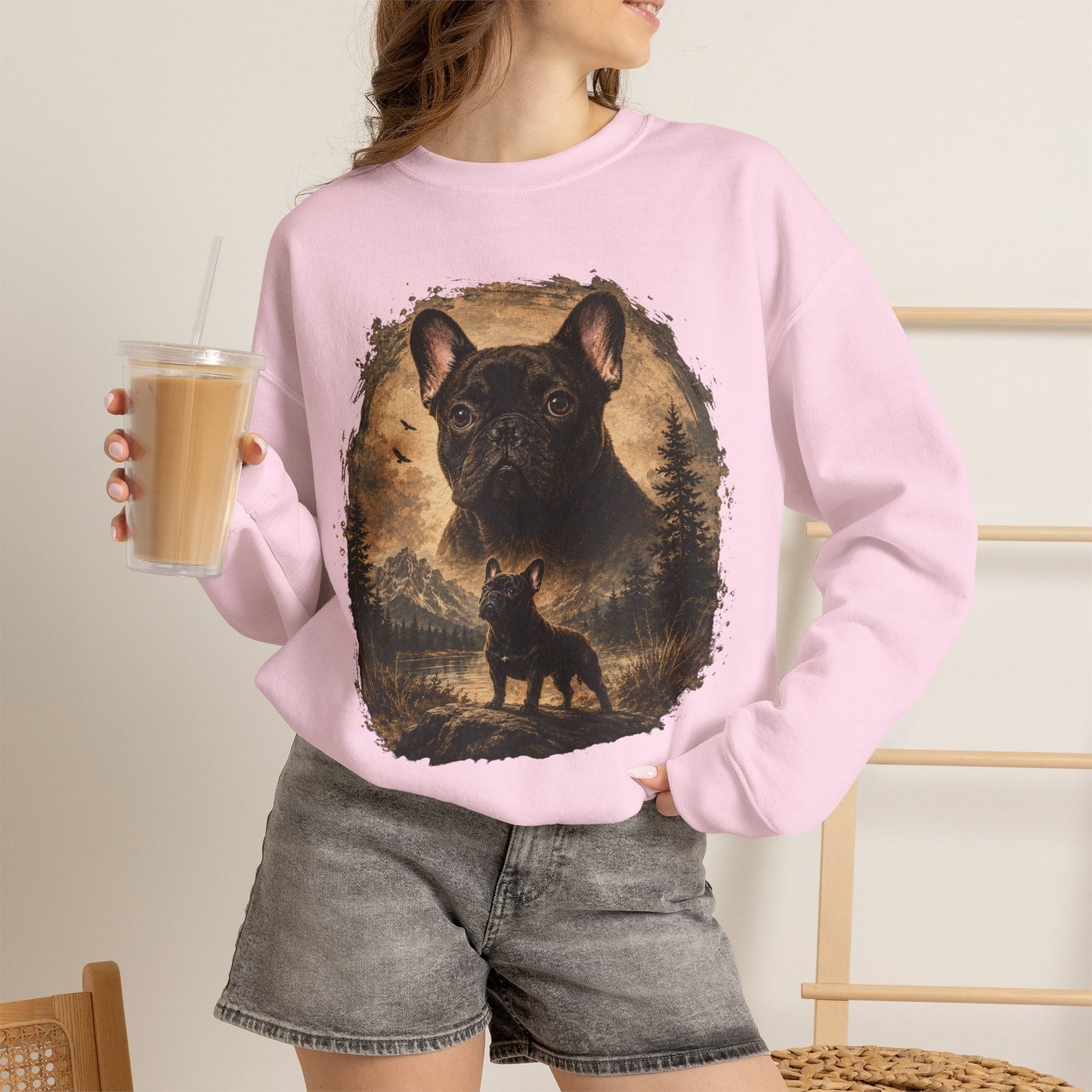 Black French Bulldog Sweatshirt, Rustic Frenchie Crewneck, Vintage Nature French Bulldog Sweatshirt, Dog Lover Gift, Black Frenchie Pullover, Camping Sweatshirt, Cozy Dog Apparel