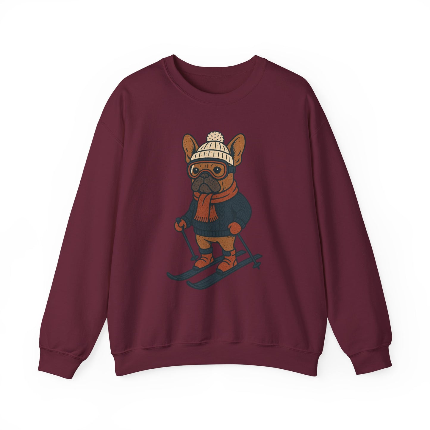 Skiing Frenchie Sweatshirt – Cute Winter French Bulldog Pullover, Cozy Ski Dog Sweater, Funny Dog Lover Gift, Winter Sports Bulldog Crewneck