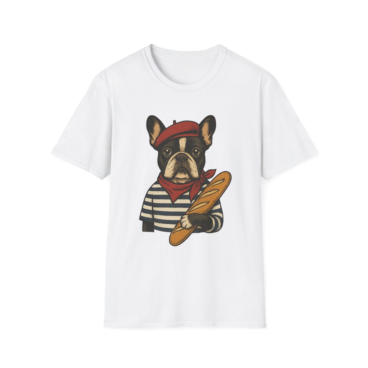 French Bulldog Parisian T-Shirt – Cute Frenchie in Beret & Stripes with Baguette – Funny Dog Lover Tee, French Style Dog Shirt, Gift for Frenchie Moms