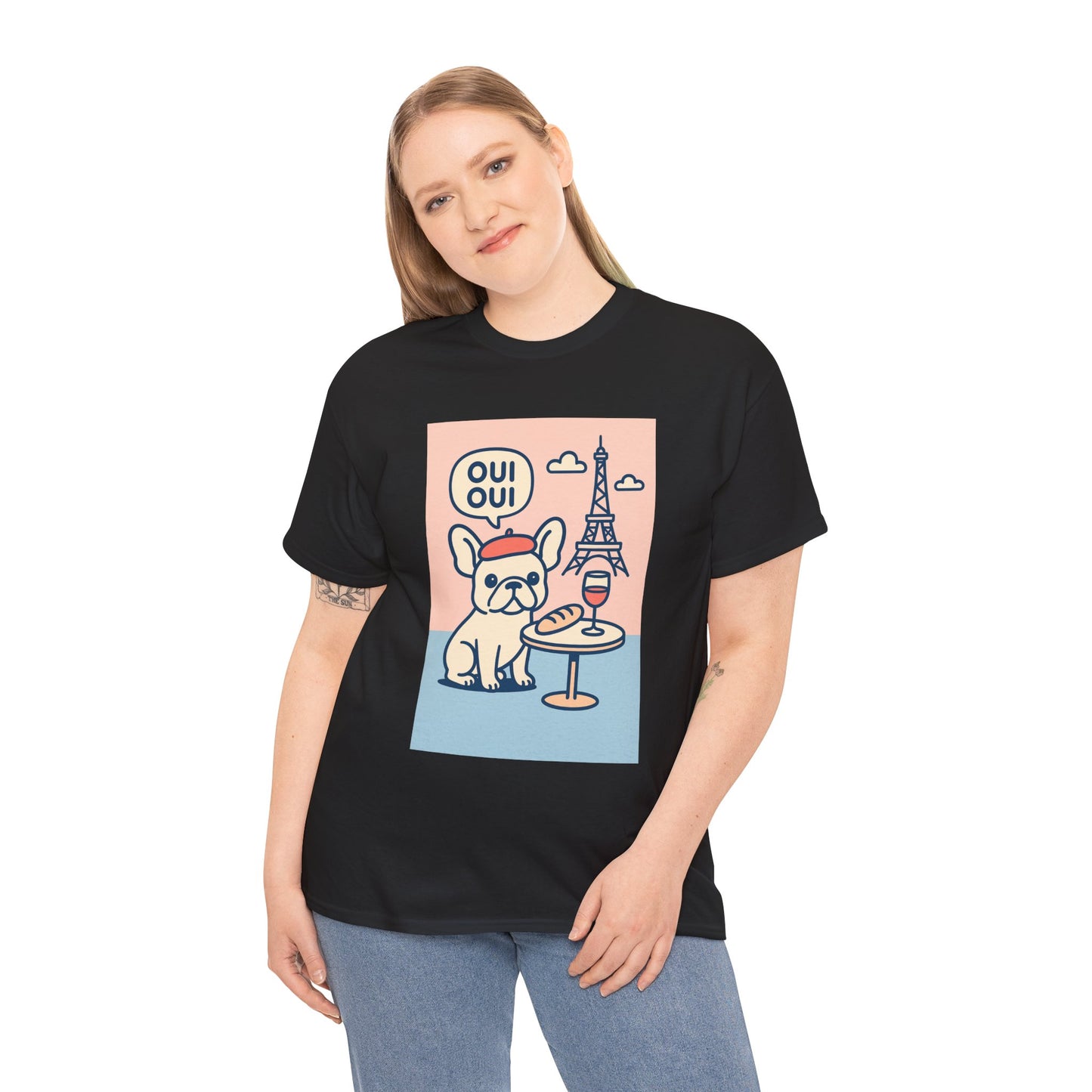 Oui Oui Frenchie Paris T-Shirt – Cute French Bulldog Café Tee, Paris Dog Lover Shirt, Beret & Baguette Graphic, French Bulldog Gift for Women & Men