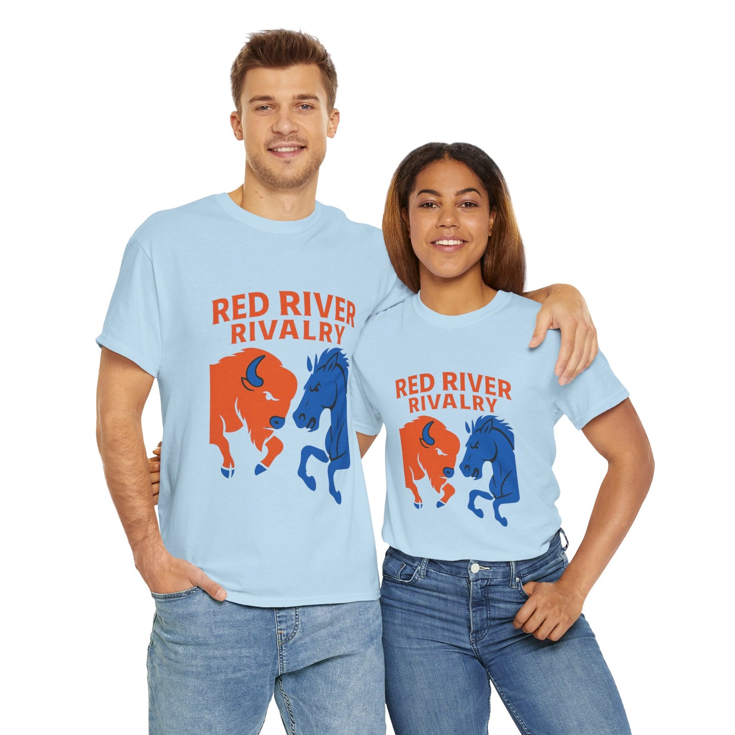Red River Rivalry T-Shirt – Oklahoma vs Texas-Inspired Tee, Bison and Mustang Game Day Shirt, Blue and Orange Sports Rivalry Graphic