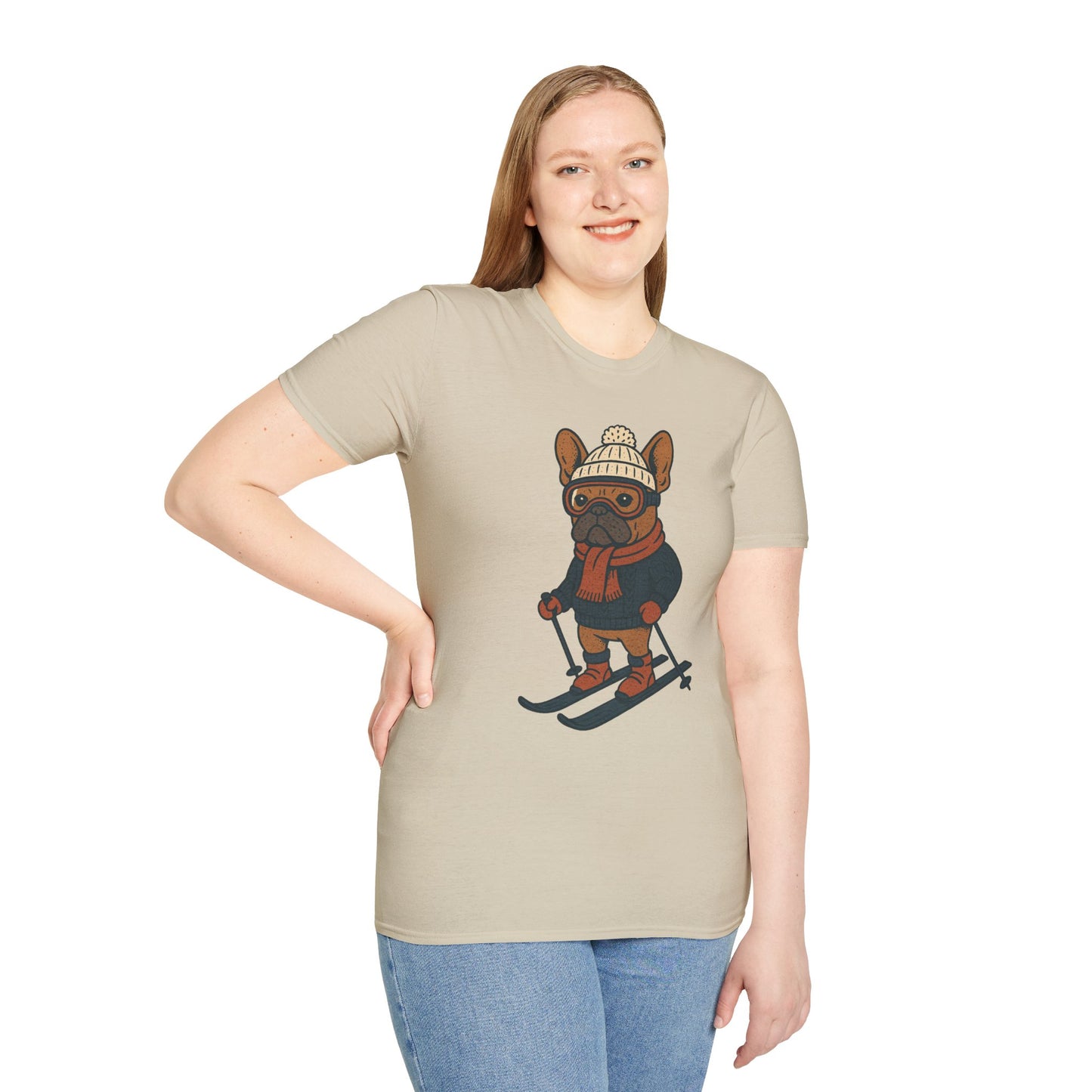 French Bulldog Skiing T-Shirt, Winter Frenchie Shirt, Ski Dog Graphic Tee, Cute Snow Dog Gift, Funny Frenchie Lover Shirt, Skiing Pup Tee