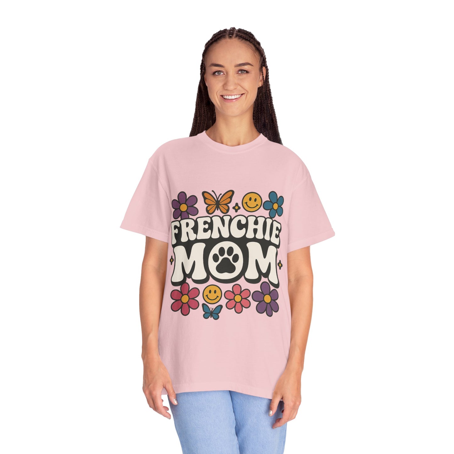 Frenchie Mom T-Shirt | Retro Groovy Dog Lover Tee | Smiley Flower French Bulldog Shirt | Cute Colorful Frenchie Gift for Her