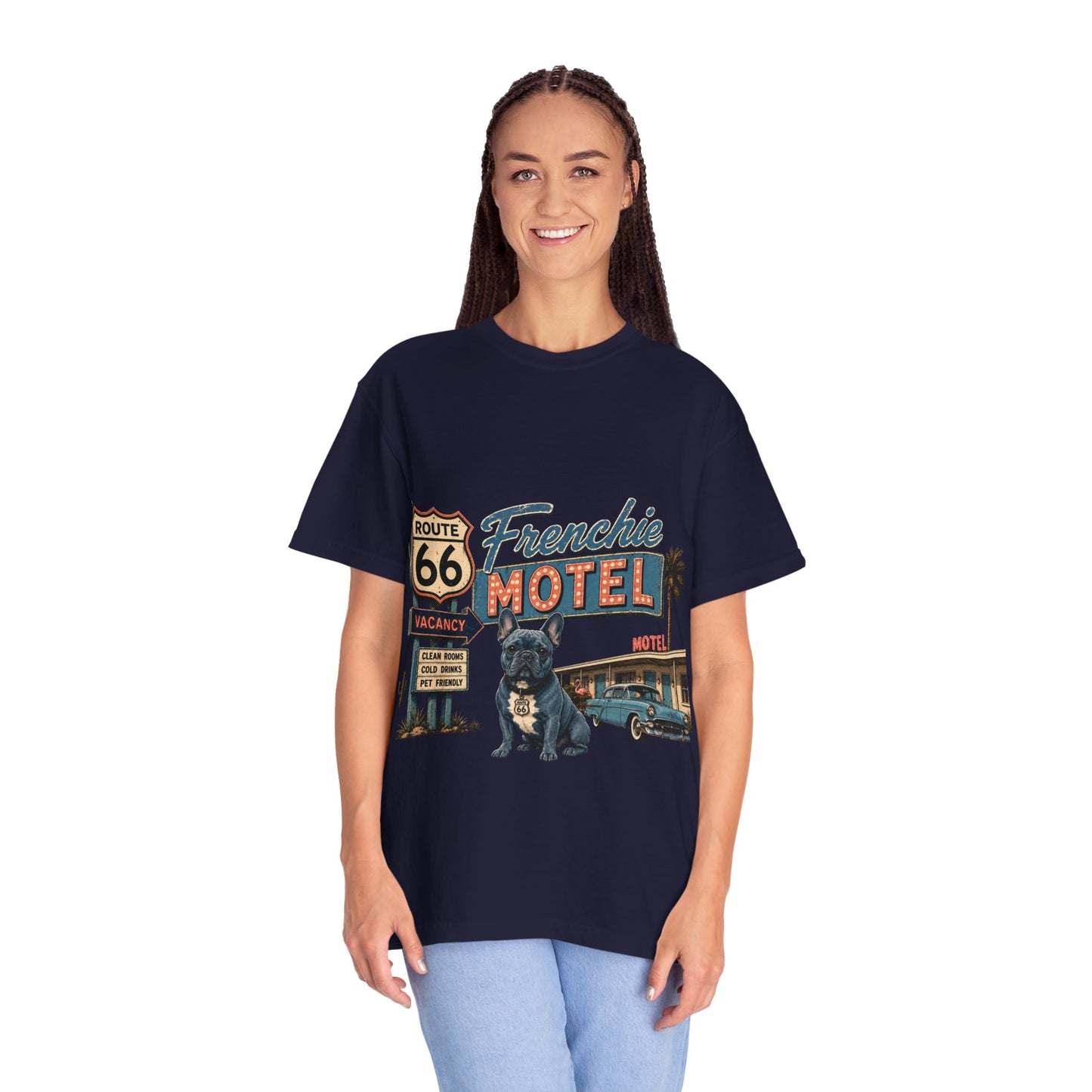 Route 66 Frenchie Motel Shirt, French Bulldog Retro Travel Tee, Vintage Road Trip Shirt, Dog Lover Graphic Tee, Route 66 Dog Shirt, Frenchie Motel T-Shirt, Retro Americana Gift
