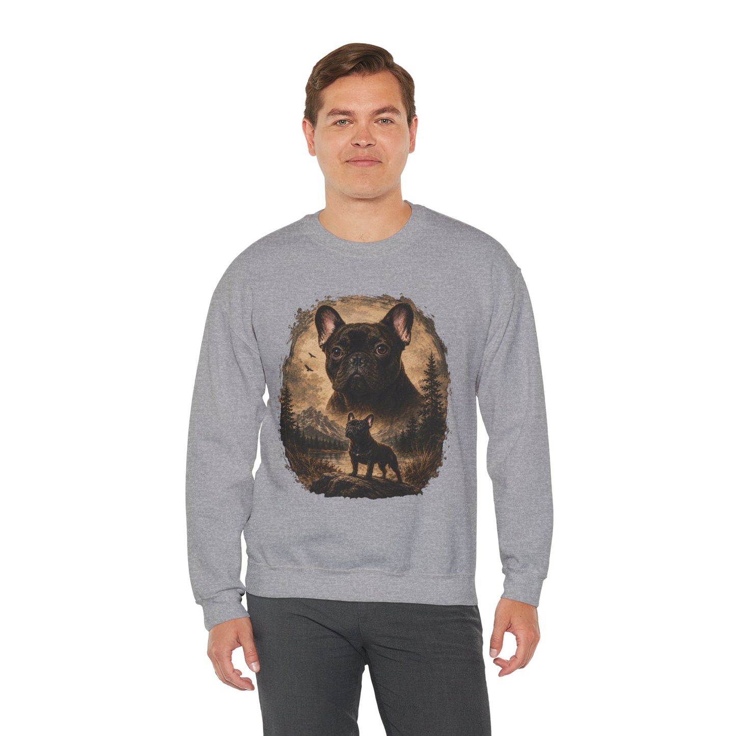 Black French Bulldog Sweatshirt, Rustic Frenchie Crewneck, Vintage Nature French Bulldog Sweatshirt, Dog Lover Gift, Black Frenchie Pullover, Camping Sweatshirt, Cozy Dog Apparel