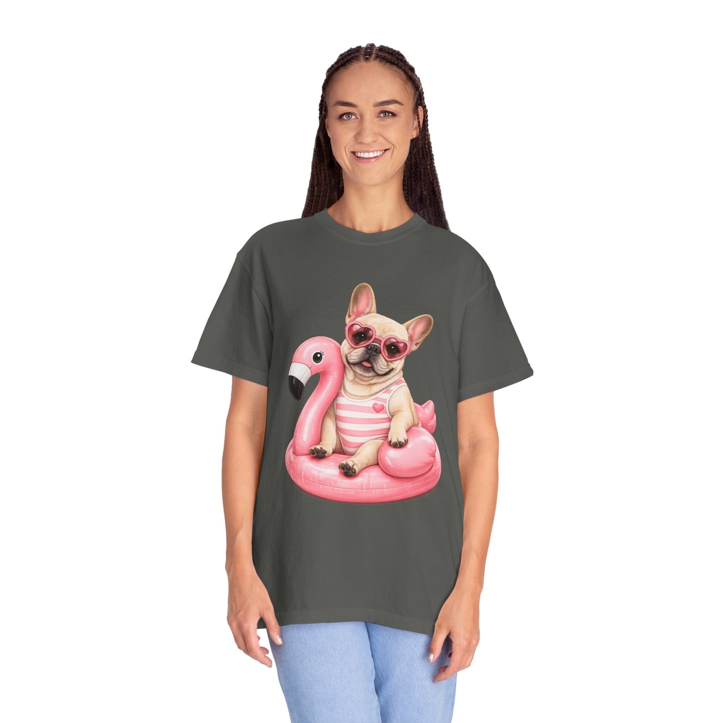 French Bulldog on Pink Flamingo Float T-Shirt — Cute Summer Dog Tee