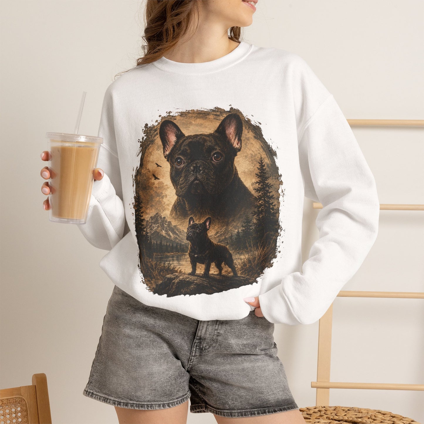 Black French Bulldog Sweatshirt, Rustic Frenchie Crewneck, Vintage Nature French Bulldog Sweatshirt, Dog Lover Gift, Black Frenchie Pullover, Camping Sweatshirt, Cozy Dog Apparel