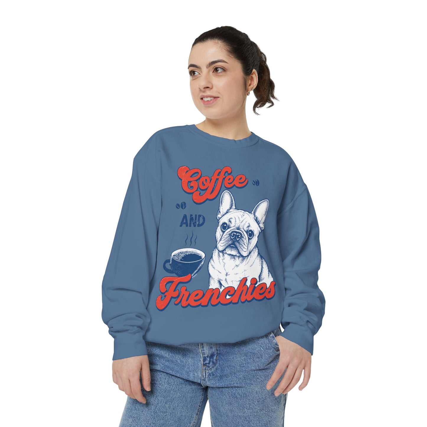 Coffee and Frenchies Sweatshirt, French Bulldog Coffee Crewneck, Frenchie Lover Pullover, Dog Mom Sweatshirt, Coffee Lover Gift, Cozy French Bulldog Sweatshirt