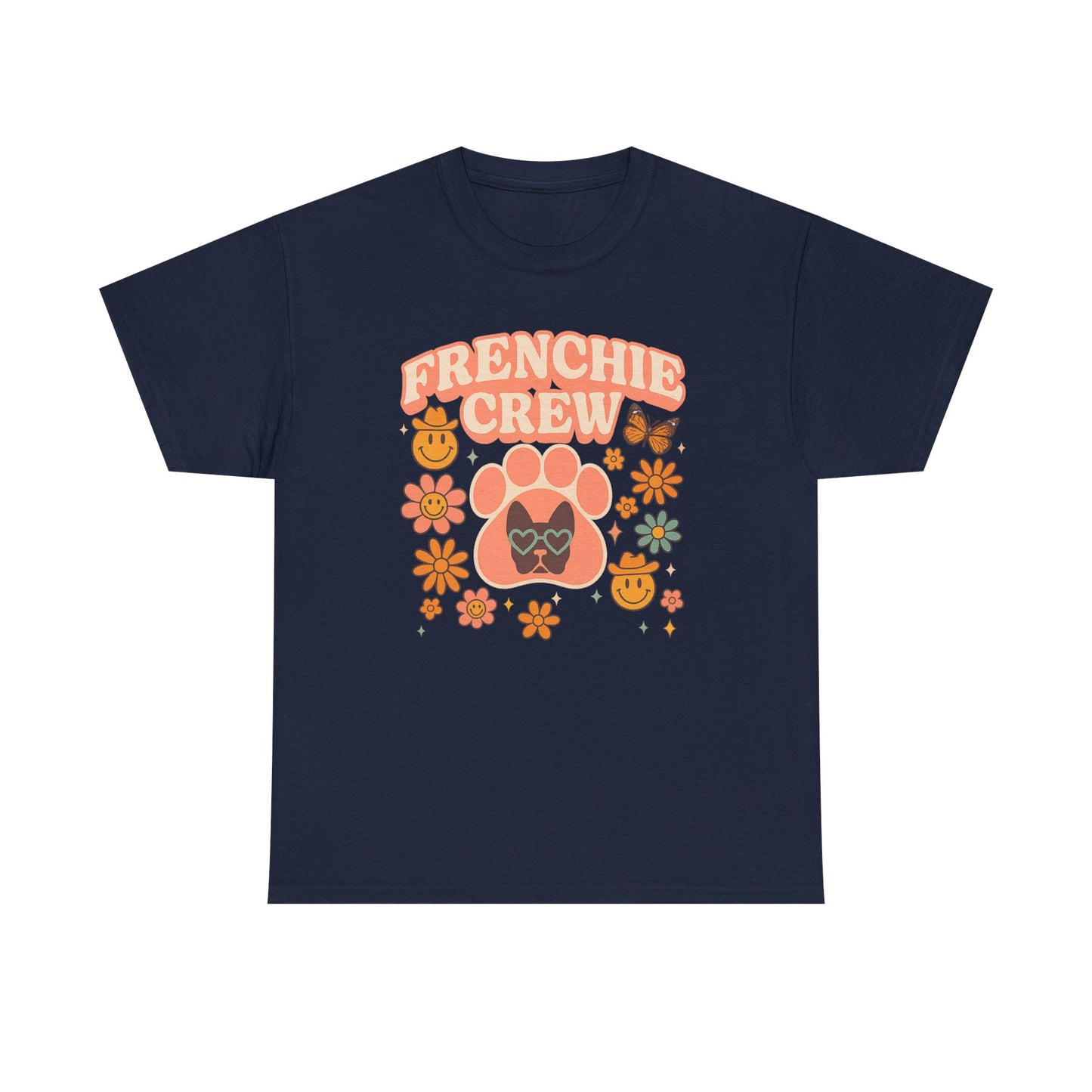 Frenchie Crew T-Shirt | Retro 70s Floral French Bulldog Tee | Groovy Dog Mom Shirt | Frenchie Lover Gift | Vintage Aesthetic Graphic Tee