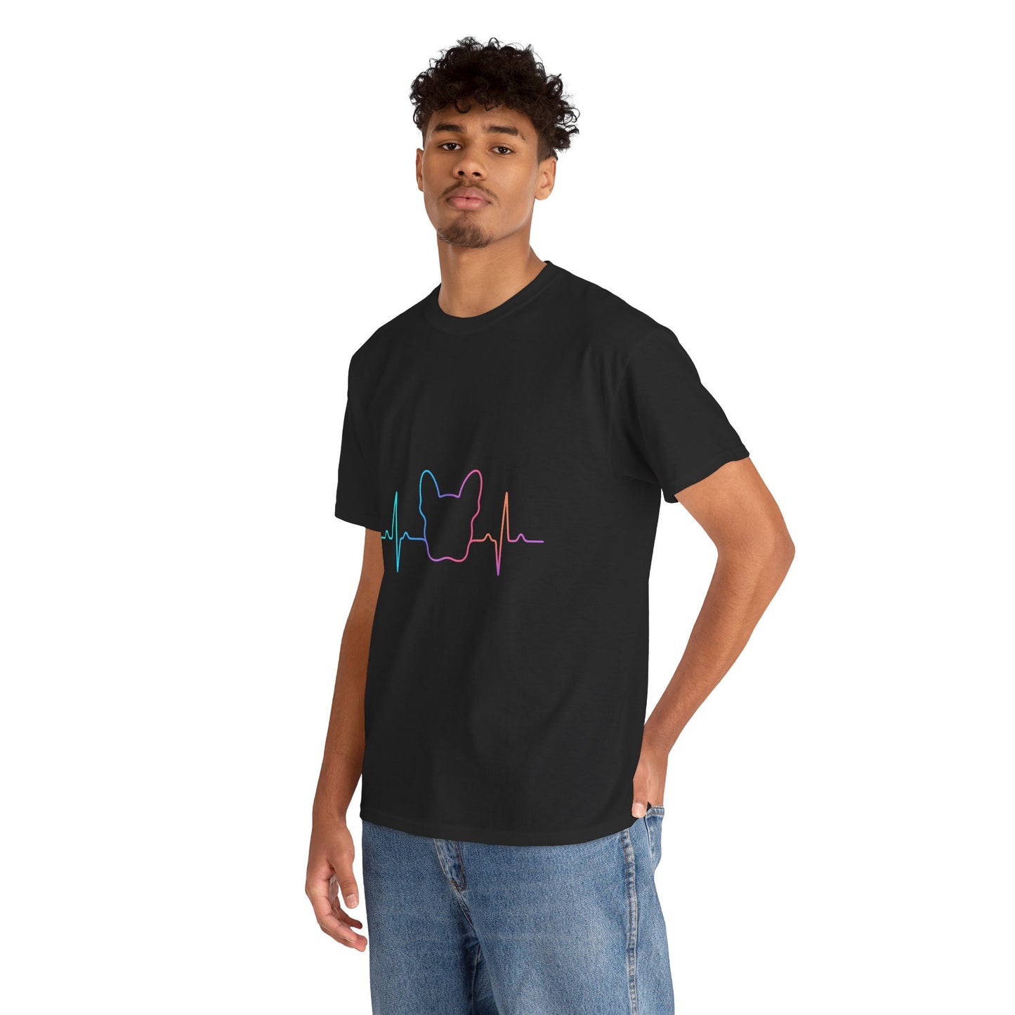 Rainbow Frenchie Heartbeat T-Shirt – Minimalist French Bulldog Line Art Tee, Neon Dog Lover Gift, Pet Mom or Dad Shirt