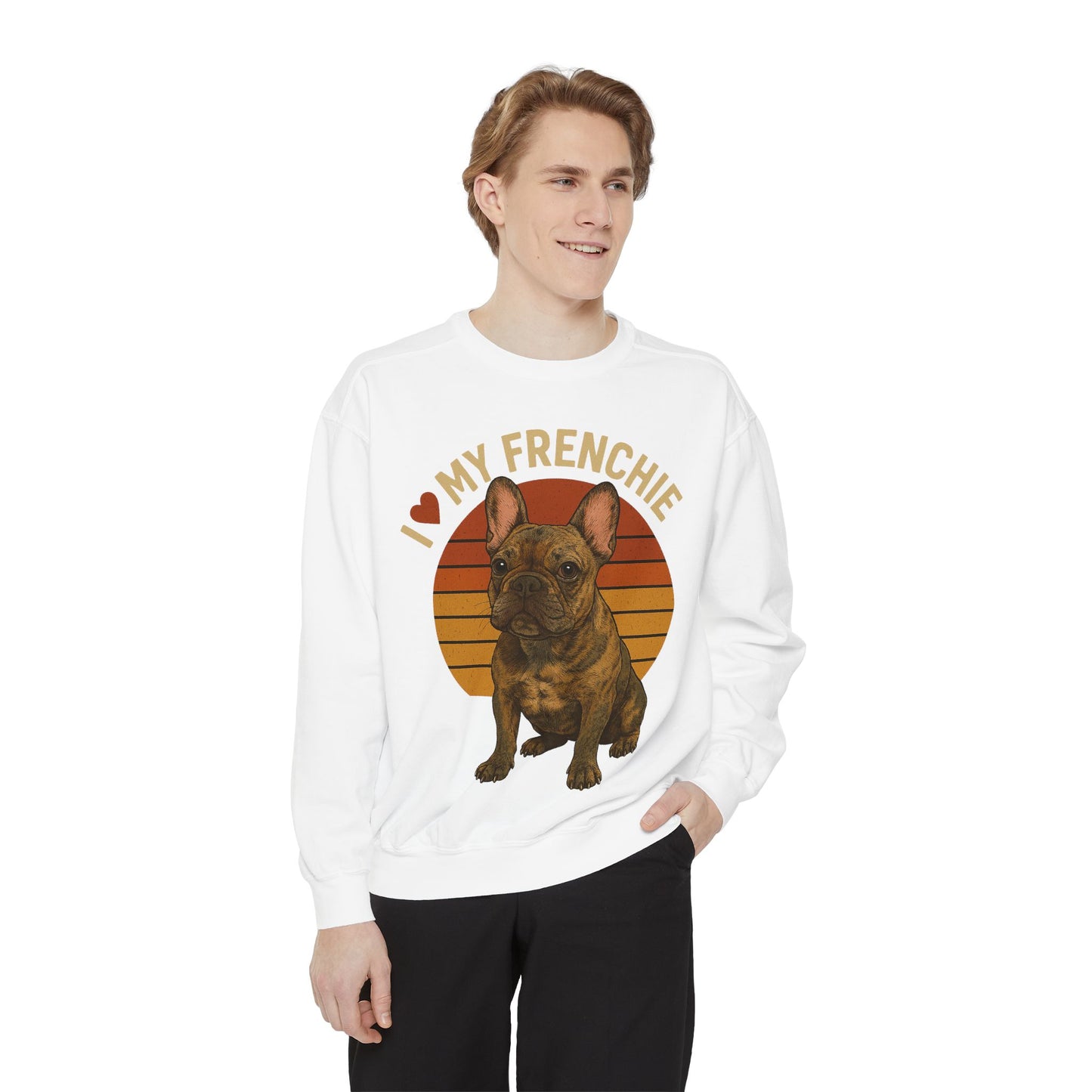 I Love My Frenchie Sweatshirt | Brindle French Bulldog Pullover | Retro Dog Lover Crewneck | Vintage Frenchie Mom & Dad Gift