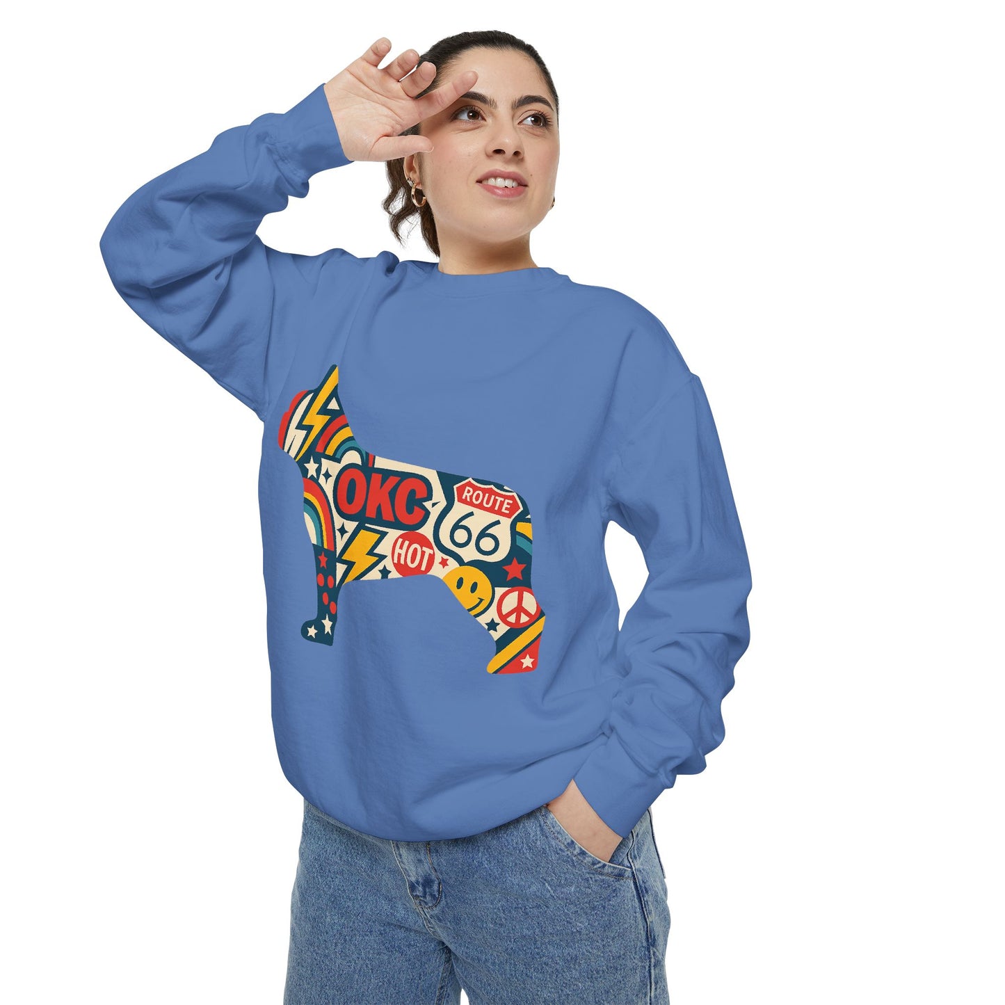 OKC Frenchie Route 66 Sweatshirt | Retro Oklahoma Pullover | Blue Orange Dog Lover Crewneck