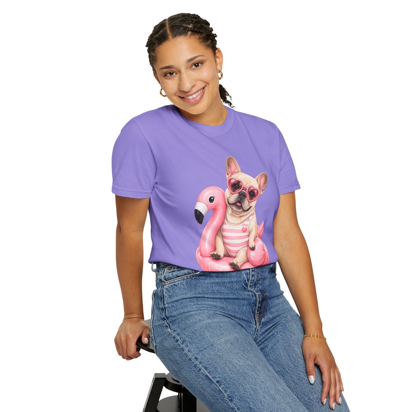 French Bulldog on Pink Flamingo Float T-Shirt — Cute Summer Dog Tee