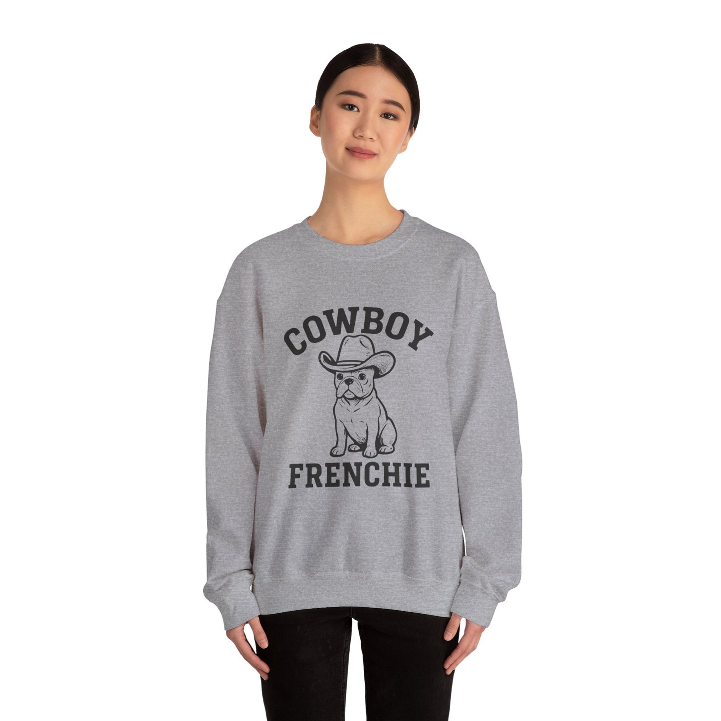 Cowboy Frenchie Sweatshirt – Western French Bulldog Crewneck, Cowboy Dog Sweater, Cute Frenchie Mom Gift, Country Western Dog Lover Shirt, Rustic Cowboy Pet Apparel