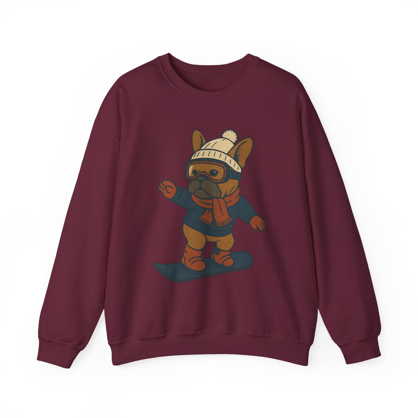 Snowboarding Frenchie Sweatshirt – Cute French Bulldog Winter Sweater, Snowboard Dog Pullover, Cozy Holiday Ski Dog Crewneck, Frenchie Lover Gift