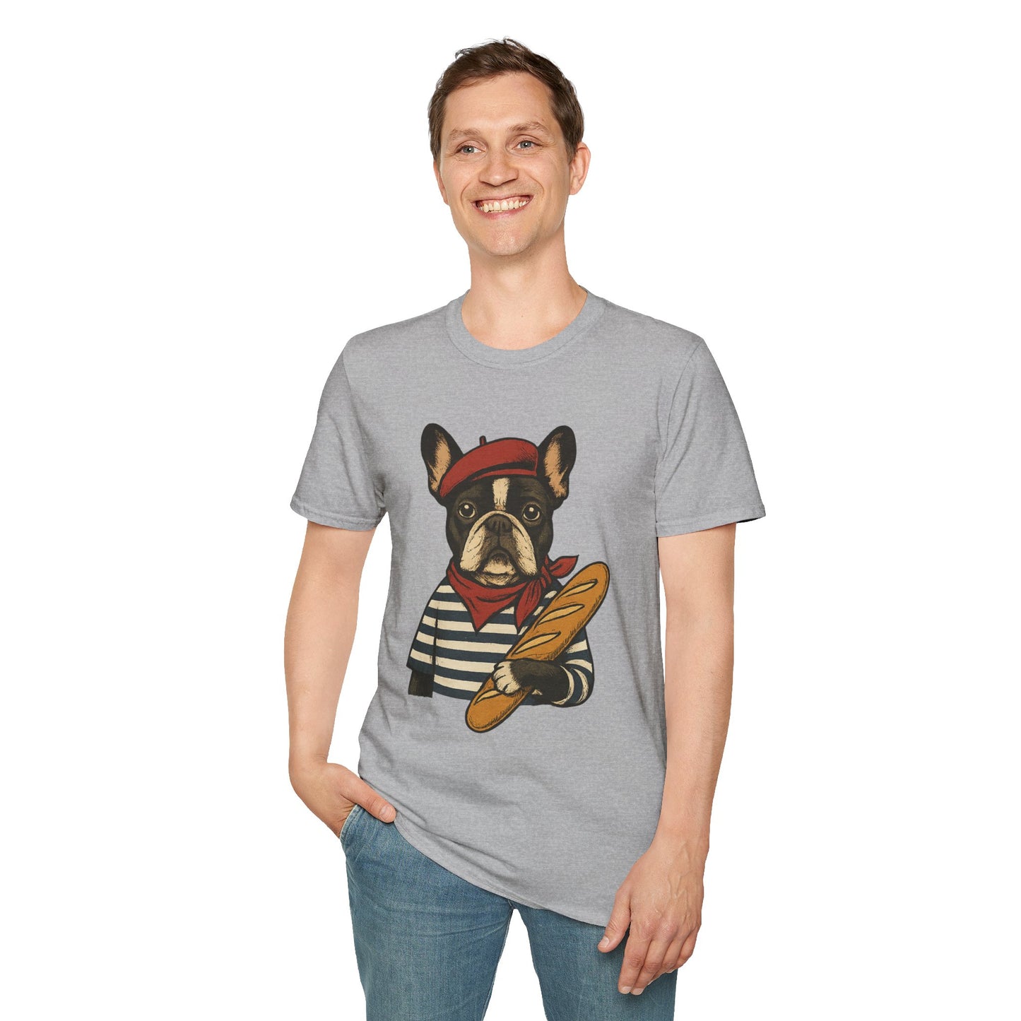 French Bulldog Parisian T-Shirt – Cute Frenchie in Beret & Stripes with Baguette – Funny Dog Lover Tee, French Style Dog Shirt, Gift for Frenchie Moms