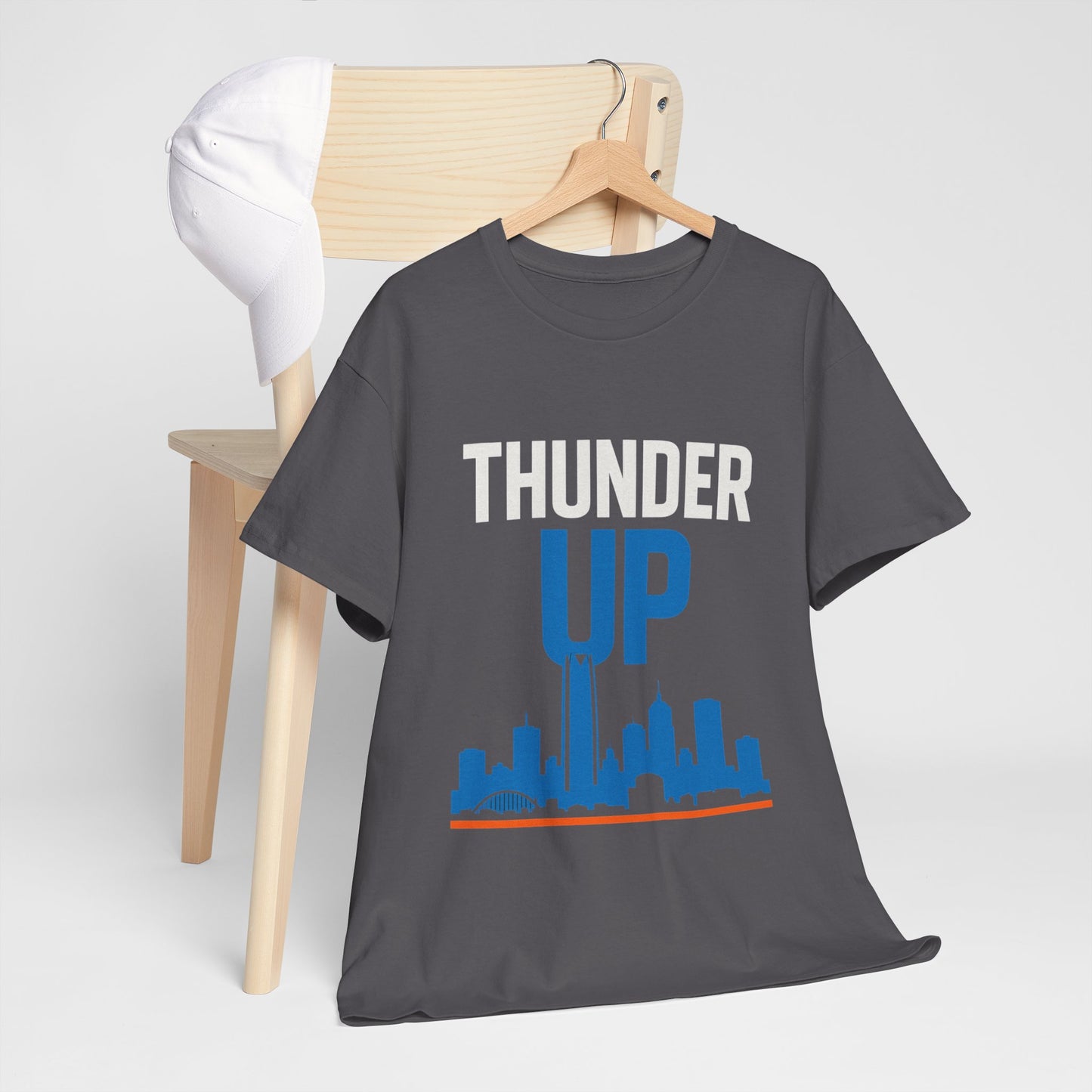 Thunder Up Oklahoma City Skyline Shirt – OKC Basketball Fan Tee, Blue & Orange City Skyline Graphic, Oklahoma Hoops Spirit Wear, Game Day T-Shirt