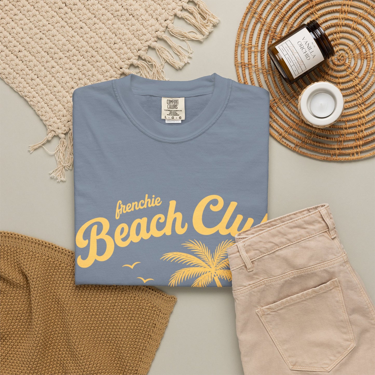 Frenchie Beach Club T-Shirt — Cute French Bulldog Surfing Palm Beach Tee
