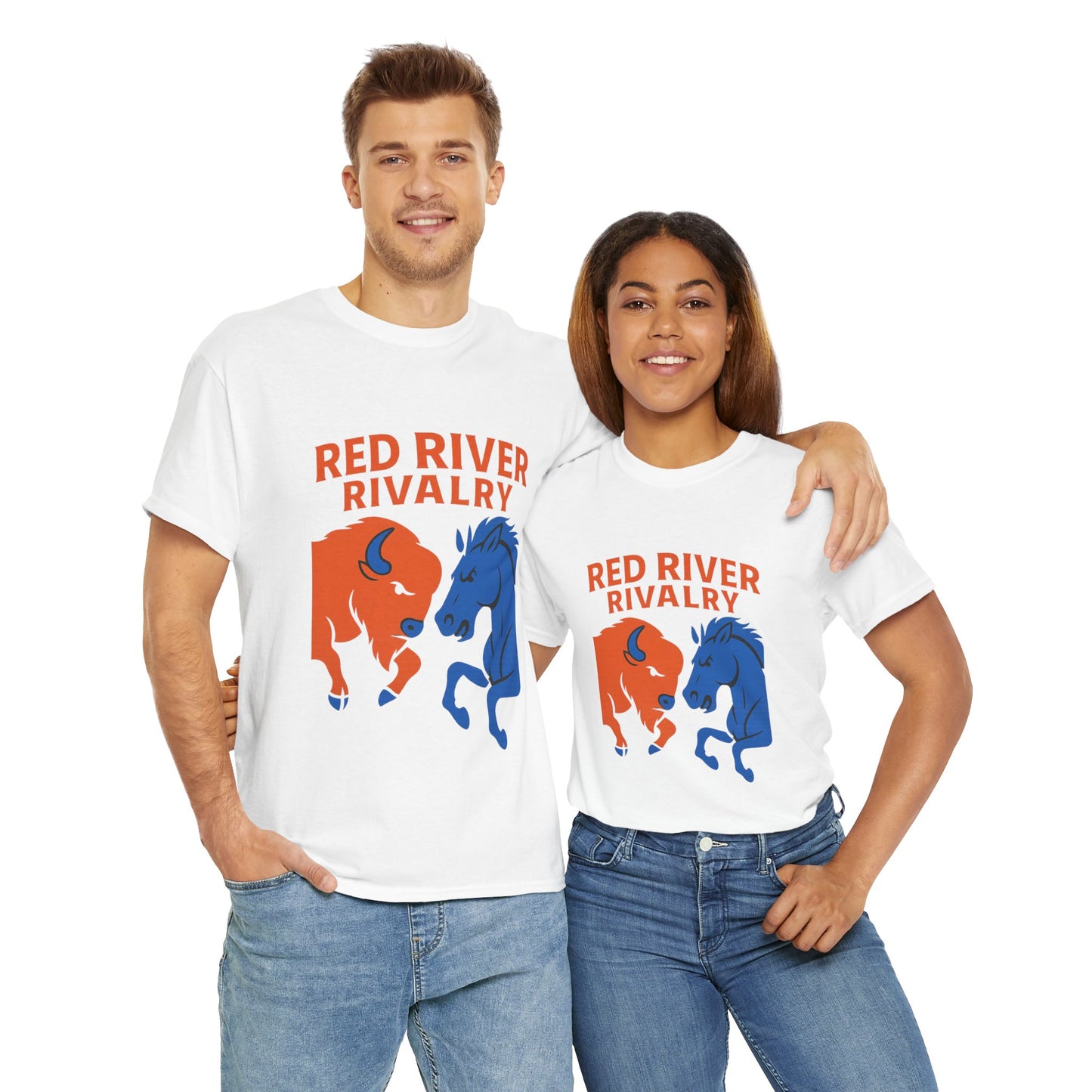 Red River Rivalry T-Shirt – Oklahoma vs Texas-Inspired Tee, Bison and Mustang Game Day Shirt, Blue and Orange Sports Rivalry Graphic