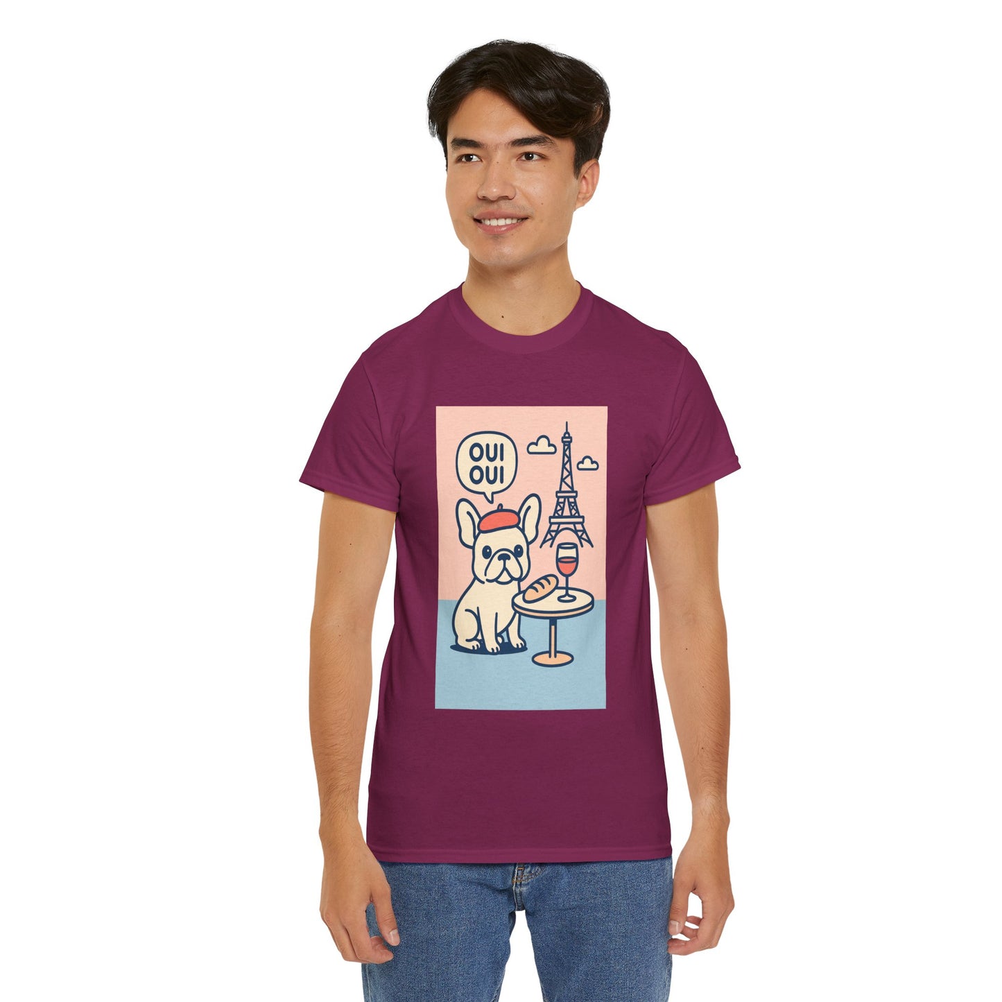 Oui Oui Frenchie Paris T-Shirt – Cute French Bulldog Café Tee, Paris Dog Lover Shirt, Beret & Baguette Graphic, French Bulldog Gift for Women & Men