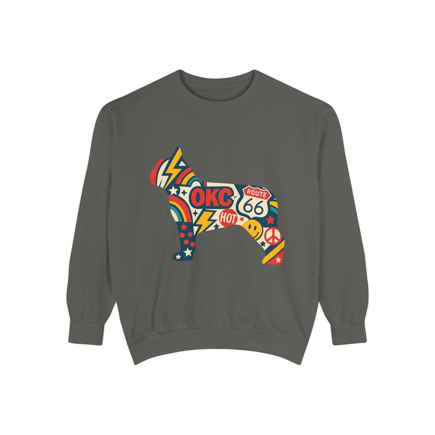 OKC Frenchie Route 66 Sweatshirt | Retro Oklahoma Pullover | Blue Orange Dog Lover Crewneck