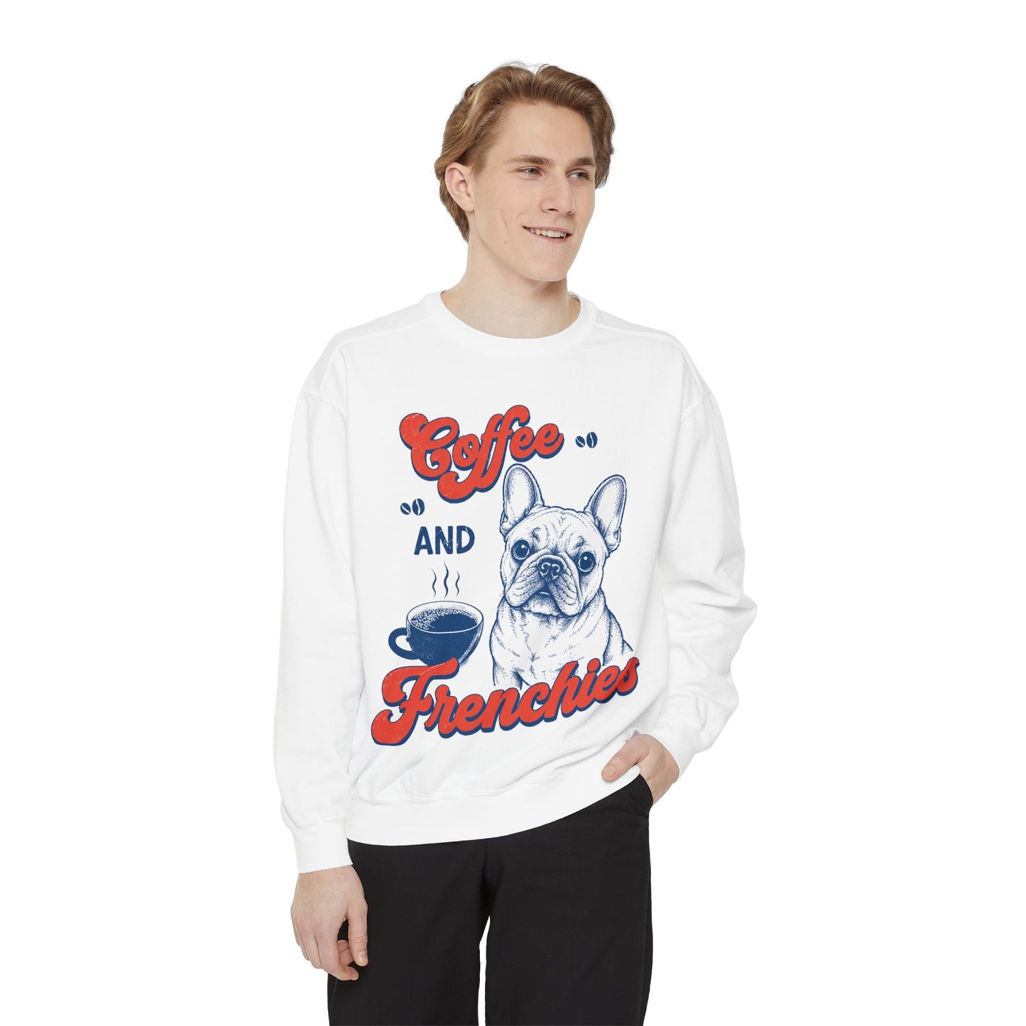 Coffee and Frenchies Sweatshirt, French Bulldog Coffee Crewneck, Frenchie Lover Pullover, Dog Mom Sweatshirt, Coffee Lover Gift, Cozy French Bulldog Sweatshirt