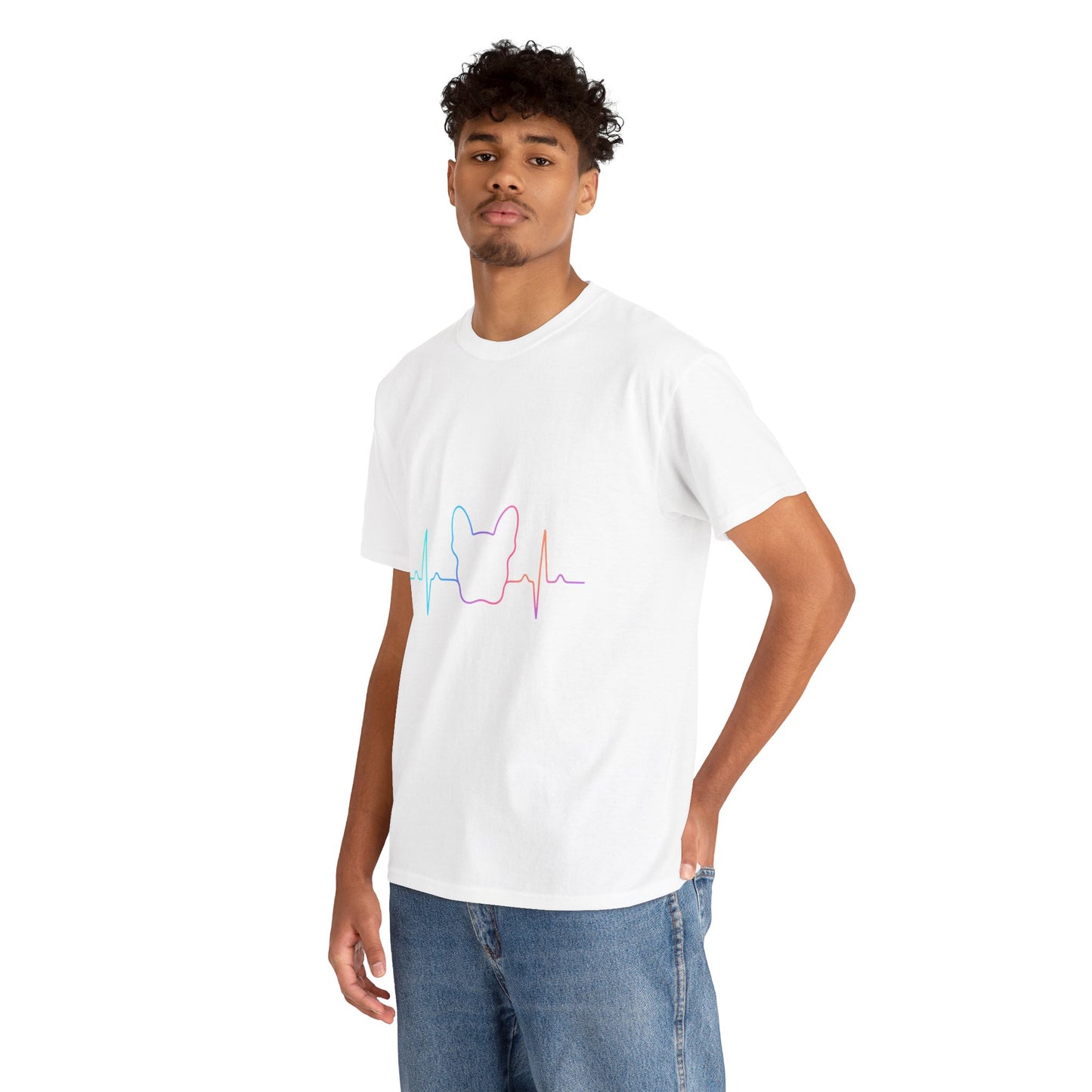 Rainbow Frenchie Heartbeat T-Shirt – Minimalist French Bulldog Line Art Tee, Neon Dog Lover Gift, Pet Mom or Dad Shirt