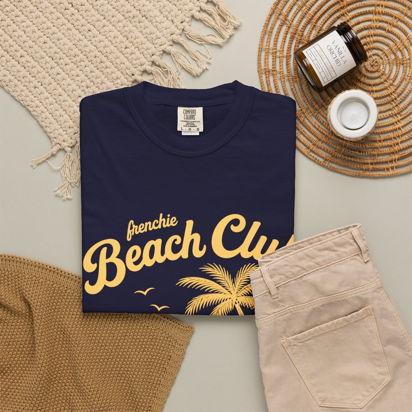 Frenchie Beach Club T-Shirt — Cute French Bulldog Surfing Palm Beach Tee